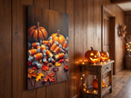 Echtes Produktfoto des Designs 8 – Süßigkeiten im Herbstlaub als Acrylglas-Wandbild an der Wand, UV-Druck mit Relief-Textur