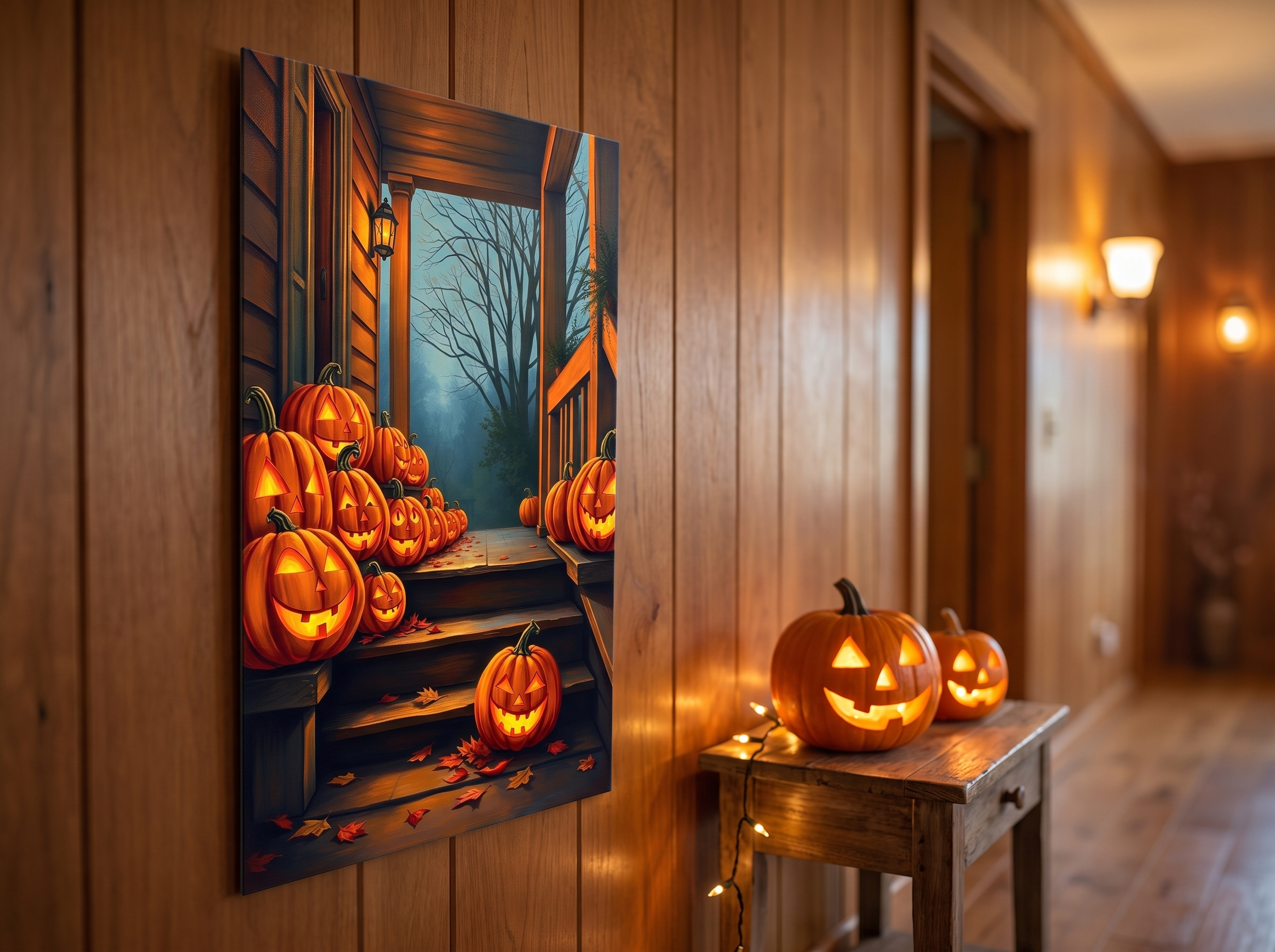 Echtes Produktfoto des Designs 3 – Veranda mit Kürbisreihe als Acrylglas-Wandbild an der Wand, UV-Druck mit Relief-Textur