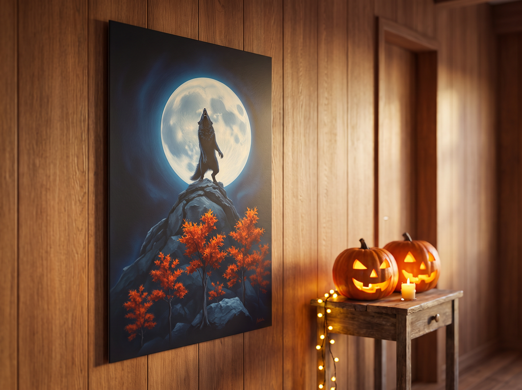 Echtes Produktfoto des Designs 9 – Werwolf vor dem Vollmond als Acrylglas-Wandbild an der Wand, UV-Druck mit Relief-Textur