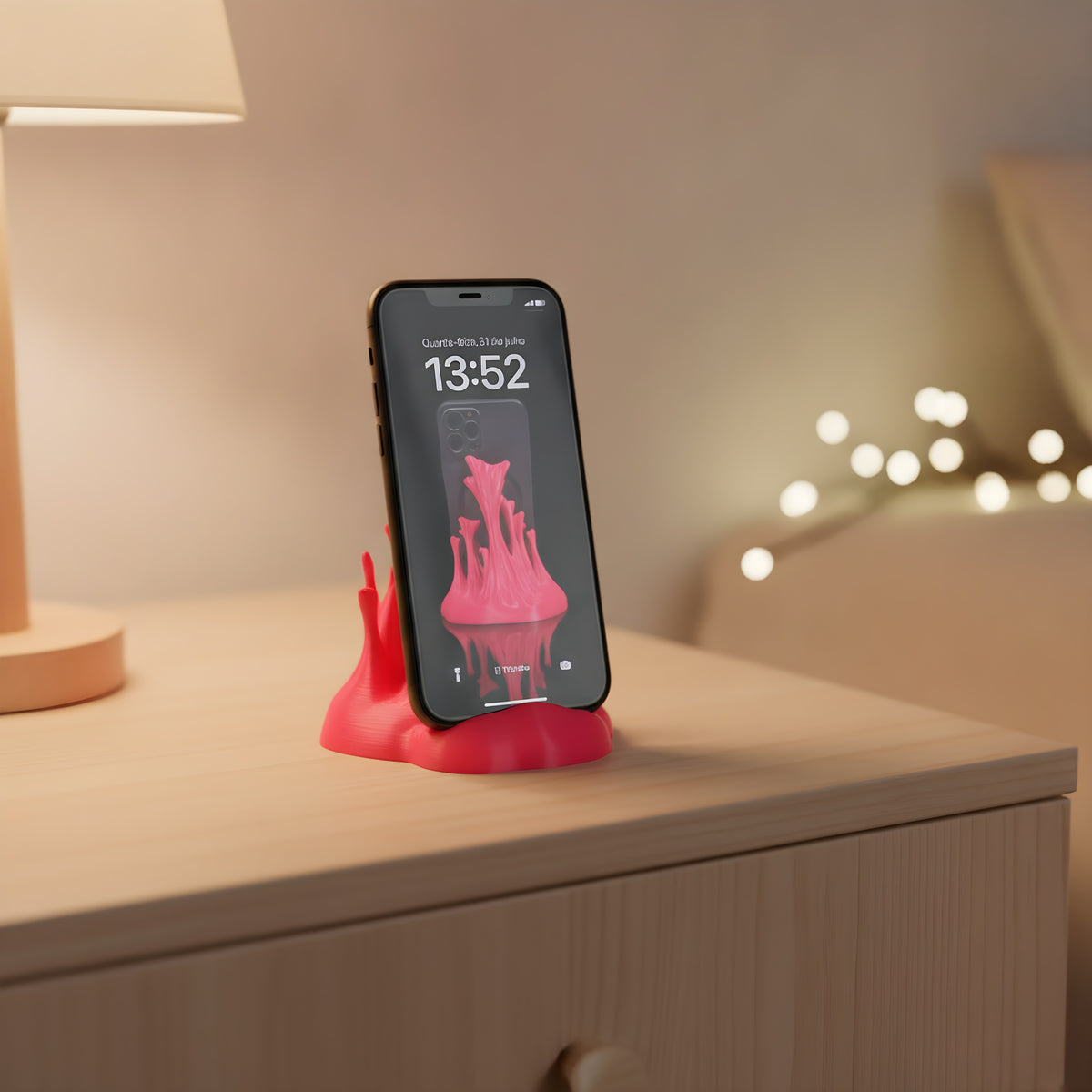 Neonpinker Splash-Handyhalter mit eingestecktem Smartphone auf hellem Birkenholz-Nachttisch, warmes Lichterketten-Bokeh im Hintergrund