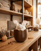 Aufschraubbare Hasen-Dose in Schoko-Optik mit herausragenden Hasenpfoten, auf Holzregal in einer Confiserie-Szene mit Schokoladen-Geschenkboxen, Gläsern mit Gewürzen, Terrakotta-Vase und getrockneten Orangenscheiben im Hintergrund.