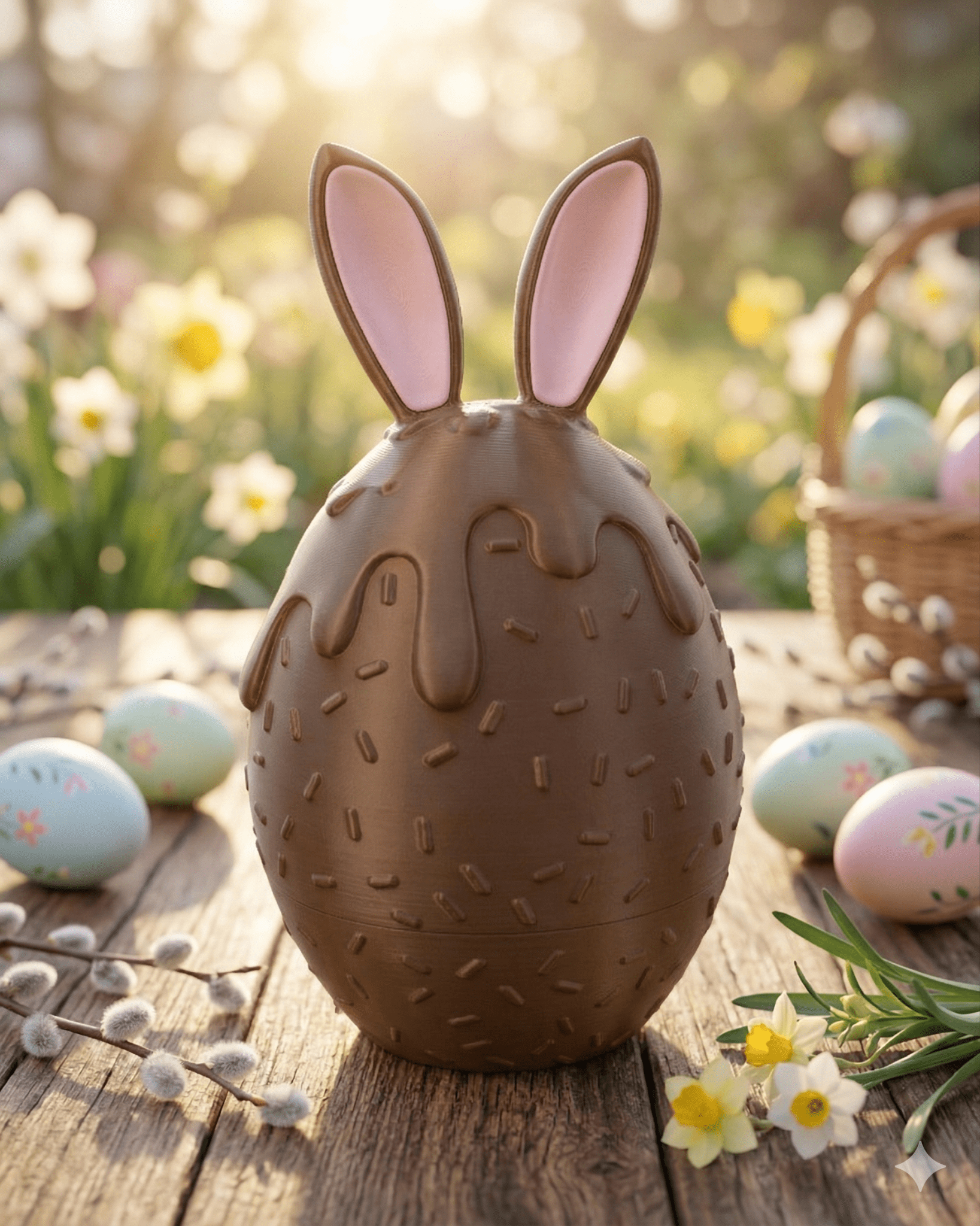 Aufschraubbare Hasen-Dose im Schoko-Look mit Hasenohren und Schokoladen-Tropf-Optik, auf Holztisch im Frühlingsgarten mit Osterglocken, bemalten Ostereiern, Weidenkätzchen und Weidenkorb im Hintergrund.