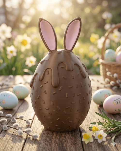 Aufschraubbare Hasen-Dose im Schoko-Look mit Hasenohren und Schokoladen-Tropf-Optik, auf Holztisch im Frühlingsgarten mit Osterglocken, bemalten Ostereiern, Weidenkätzchen und Weidenkorb im Hintergrund.