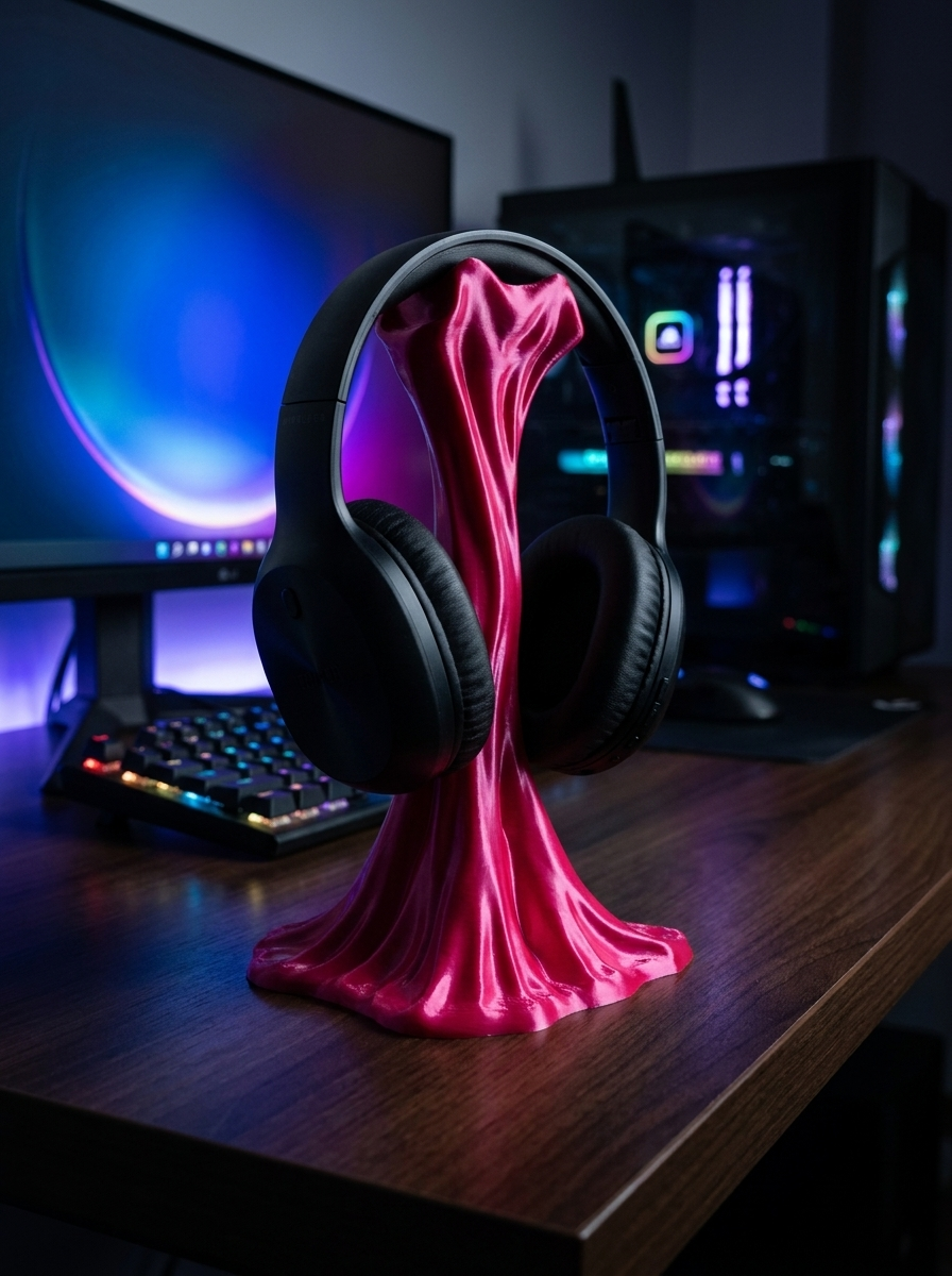 Pinker Sticky-Splash Headset-Ständer mit aufgesetztem Over-Ear-Kopfhörer, Frontalansicht auf dunklem Schreibtisch mit Monitor im Hintergrund