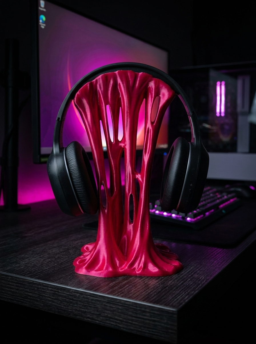 Pinker Sticky-Splash Headset-Ständer mit aufgesetztem Over-Ear-Kopfhörer, Frontalansicht mit durchbrochener Tropfform vor violett beleuchtetem Gaming-Setup