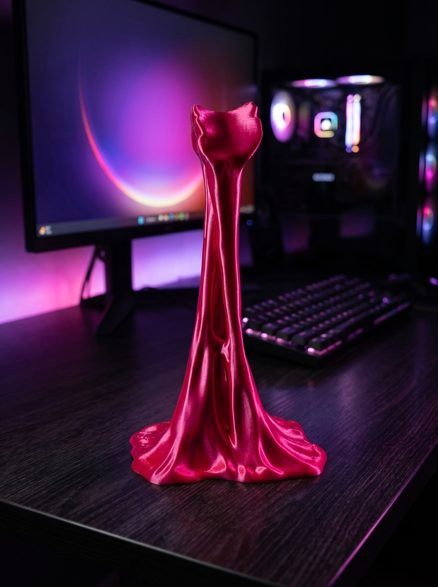Pinker Sticky-Splash Headset-Ständer ohne Kopfhörer, Tropfform auf dunklem Schreibtisch mit Gaming-PC im Hintergrund