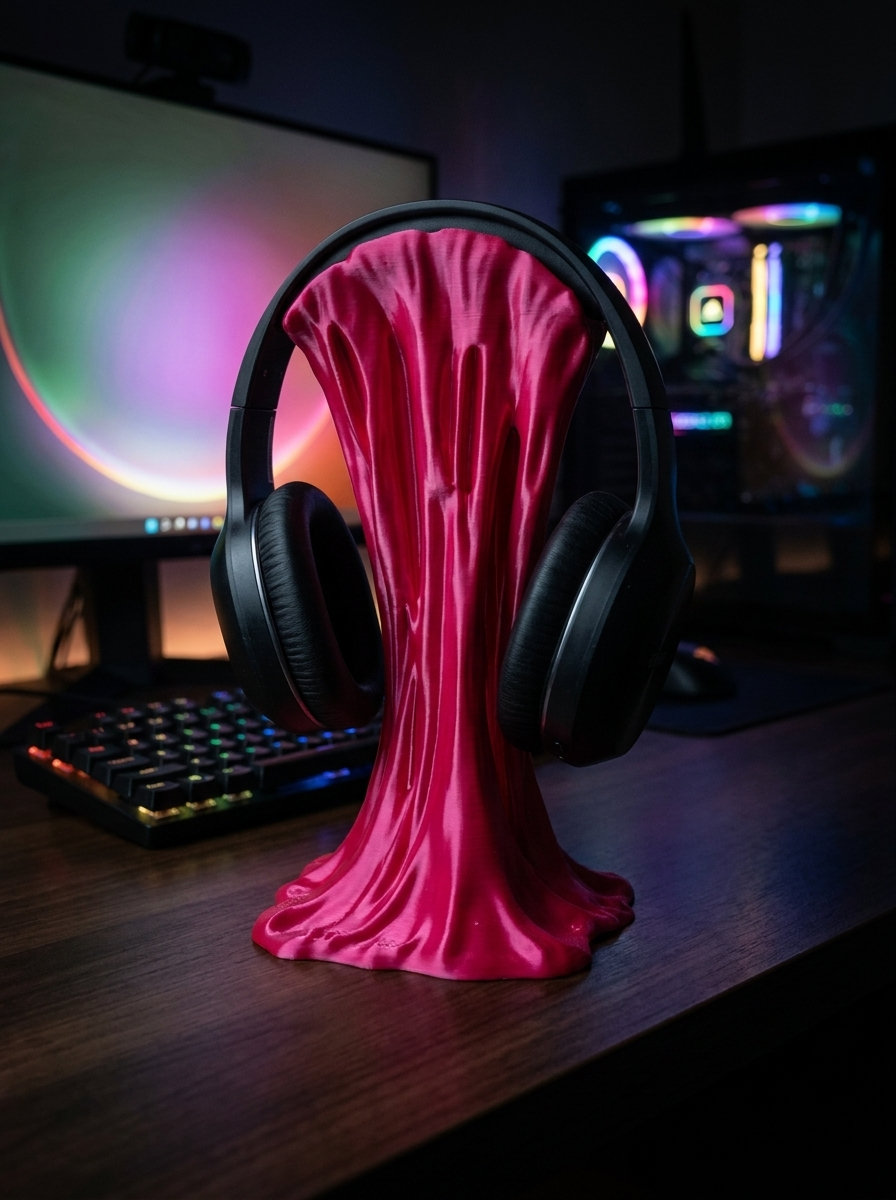 Pinker Sticky-Splash Headset-Ständer mit aufgesetztem Over-Ear-Kopfhörer, auf Gaming-Schreibtisch mit beleuchtetem PC im Hintergrund