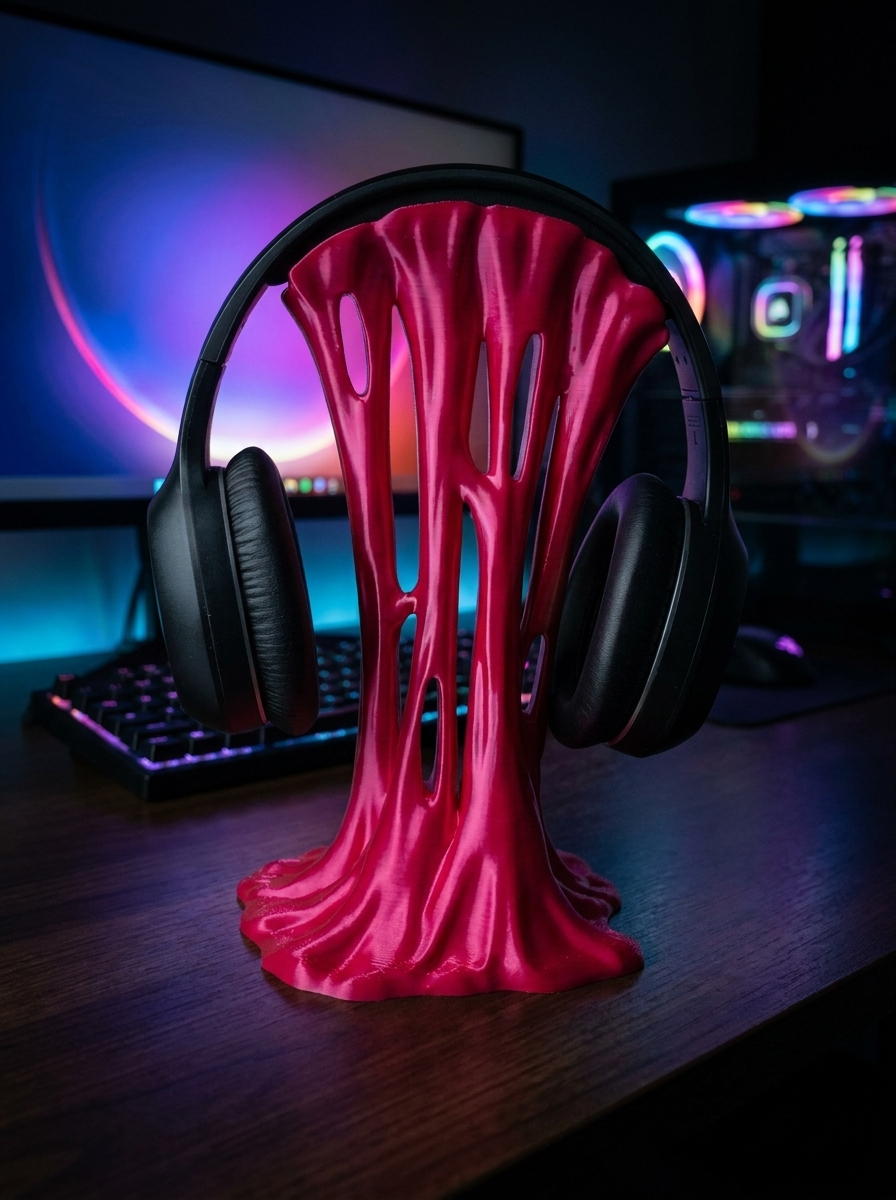 Pinker Sticky-Splash Headset-Ständer mit aufgesetztem Over-Ear-Kopfhörer, seitliche Ansicht mit durchbrochener Tropfform, Gaming-Setup im Hintergrund
