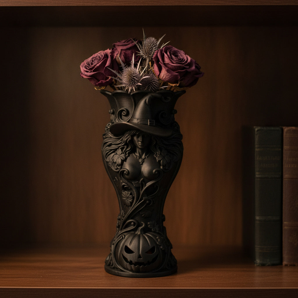 Hexen-Kürbis-Vase in Schwarz mit dunklen Trockenrosen und Disteln, auf einem Holzregal vor alten Büchern