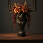 Schwarze Hexen-Kürbis-Vase mit Hexenhut-Relief und Herbstblumenstrauß aus Dahlien und Trockengräsern, Frontalansicht vor dunklem Wandrahmen