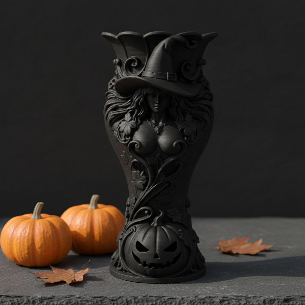 Schwarze Hexen-Kürbis-Vase ohne Blumen mit Jack-o'-Lantern-Gesicht am Sockel, daneben zwei echte Kürbisse und Herbstblätter auf dunkler Fläche