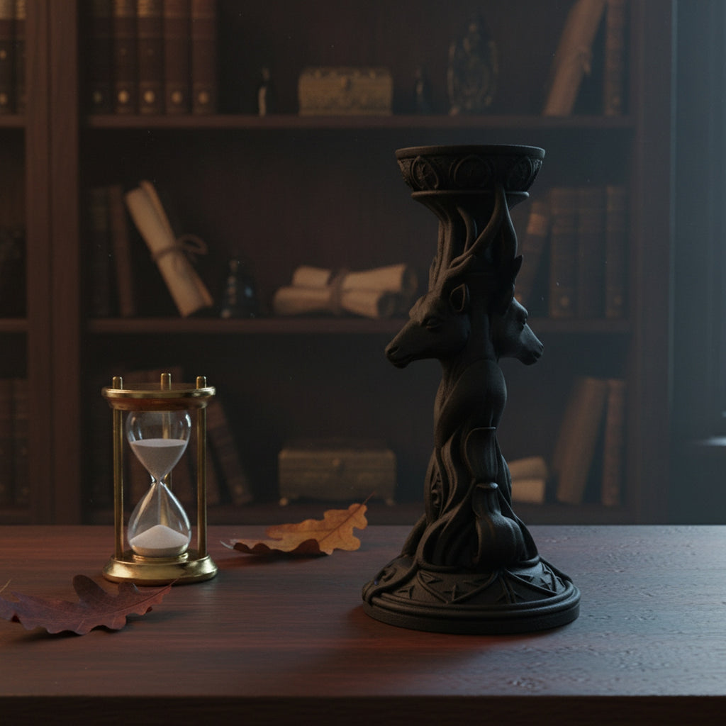 Hirsch-Kerzenhalter mattschwarz in Bibliotheks-Ambiente neben Sanduhr und Herbstblättern