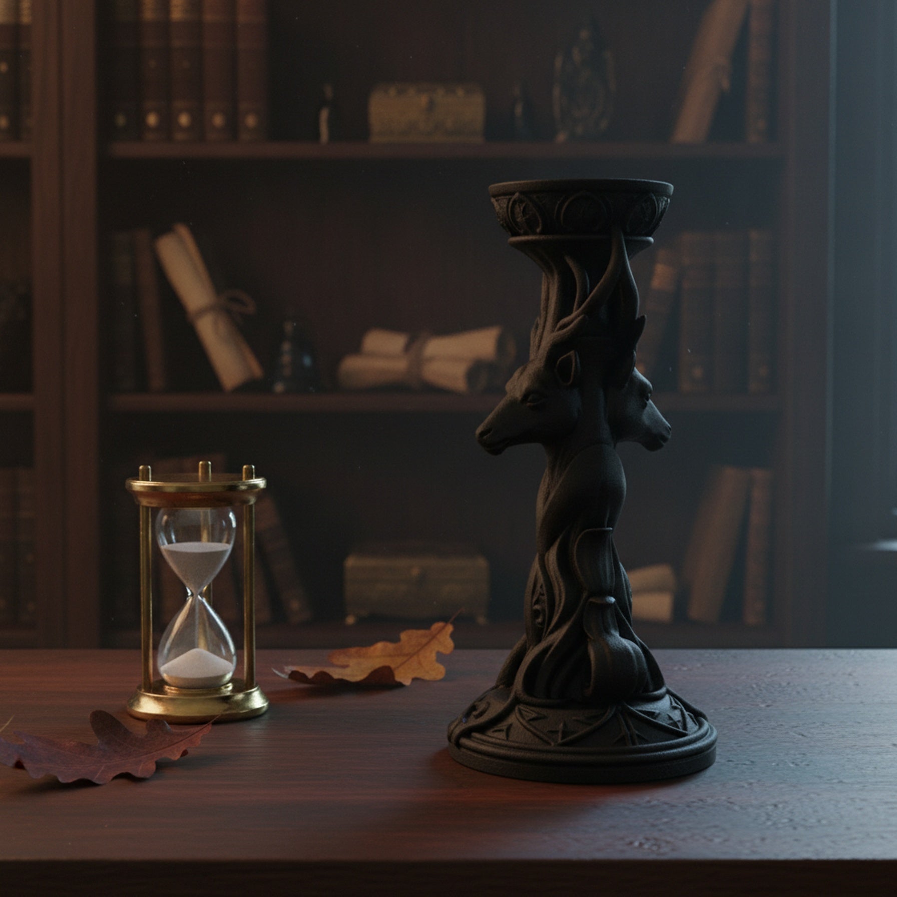 Hirsch-Kerzenhalter mattschwarz in Bibliotheks-Ambiente neben Sanduhr und Herbstblättern