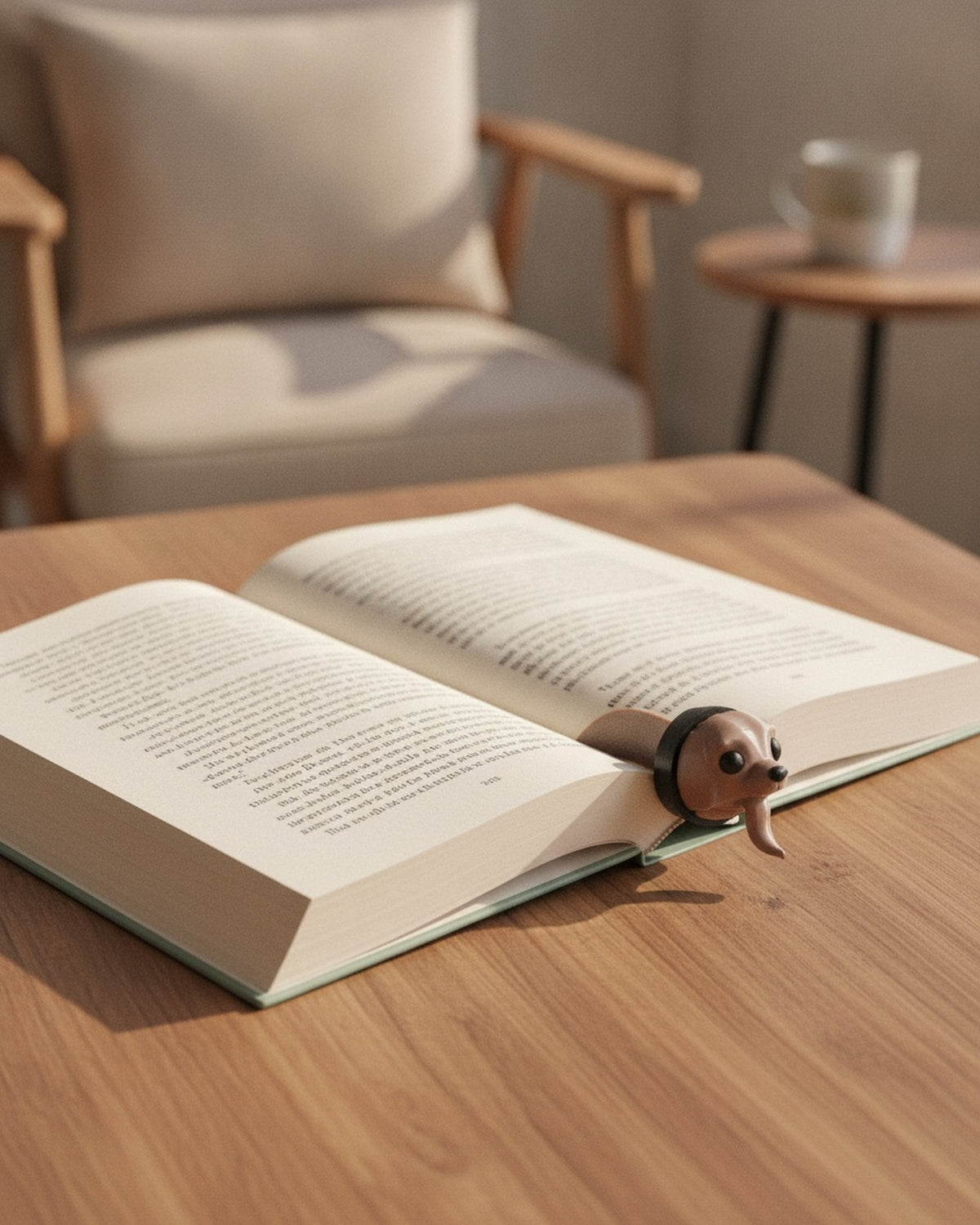 Braunes Hunde-Lesezeichen auf der Kante eines aufgeschlagenen Buches geklemmt, gemütliche Leseecke auf Holztisch mit Sessel und Beistelltisch im Hintergrund