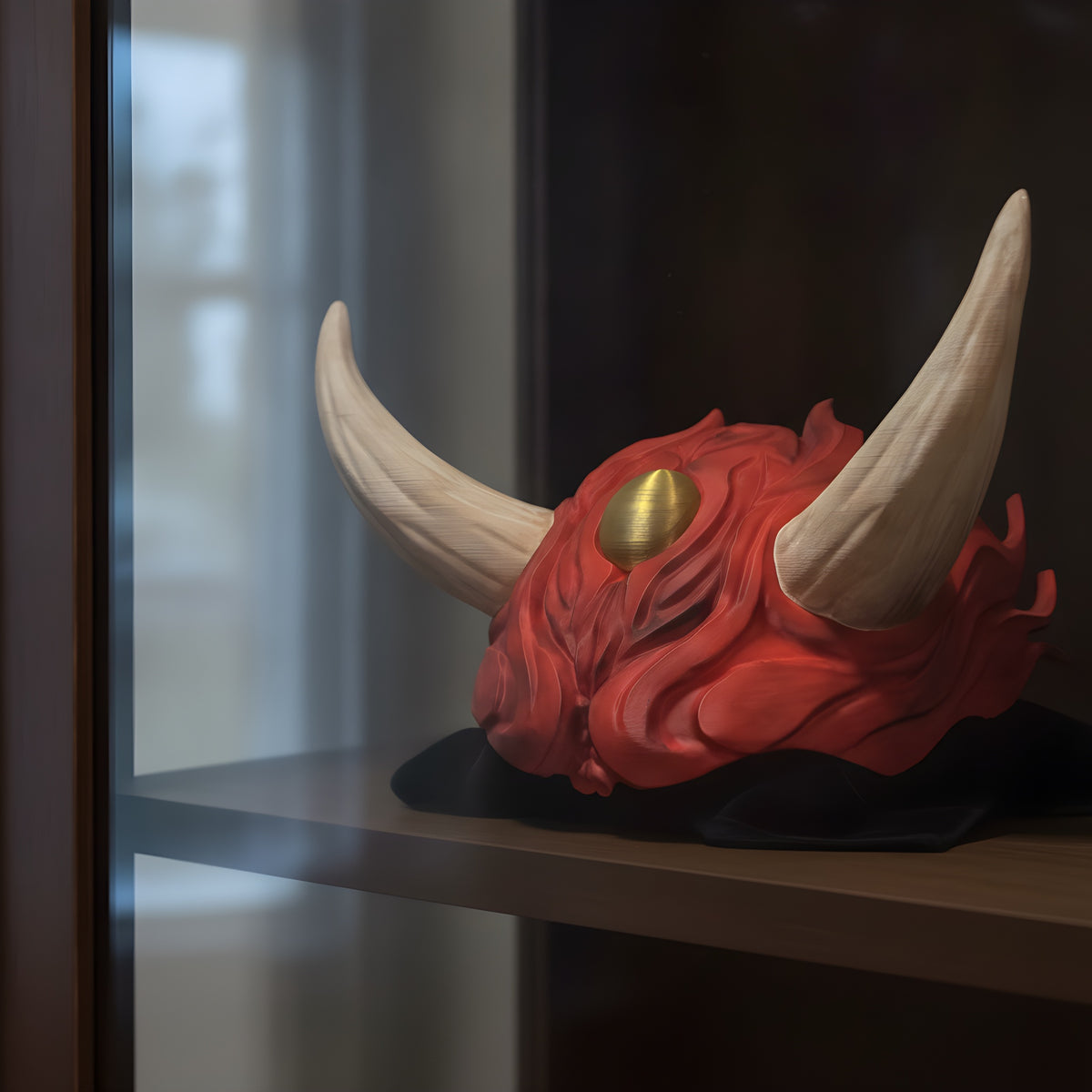 Imposante Oni-Maske 48 cm, handbemalt in Rot mit cremefarbenen Hörnern und goldenem Auge, alternative Nahaufnahme vor dunkler Vitrine mit Glastür – Münch3D