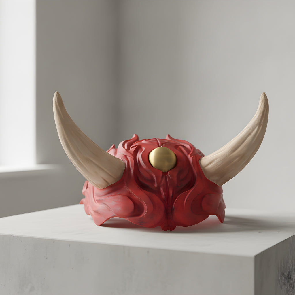 Imposante Oni-Maske 48 cm, handbemalt in Rot mit cremefarbenen Hörnern und goldenem Auge, Nahaufnahme auf heller Holzregal-Kante vor schlichter Wand – Münch3D