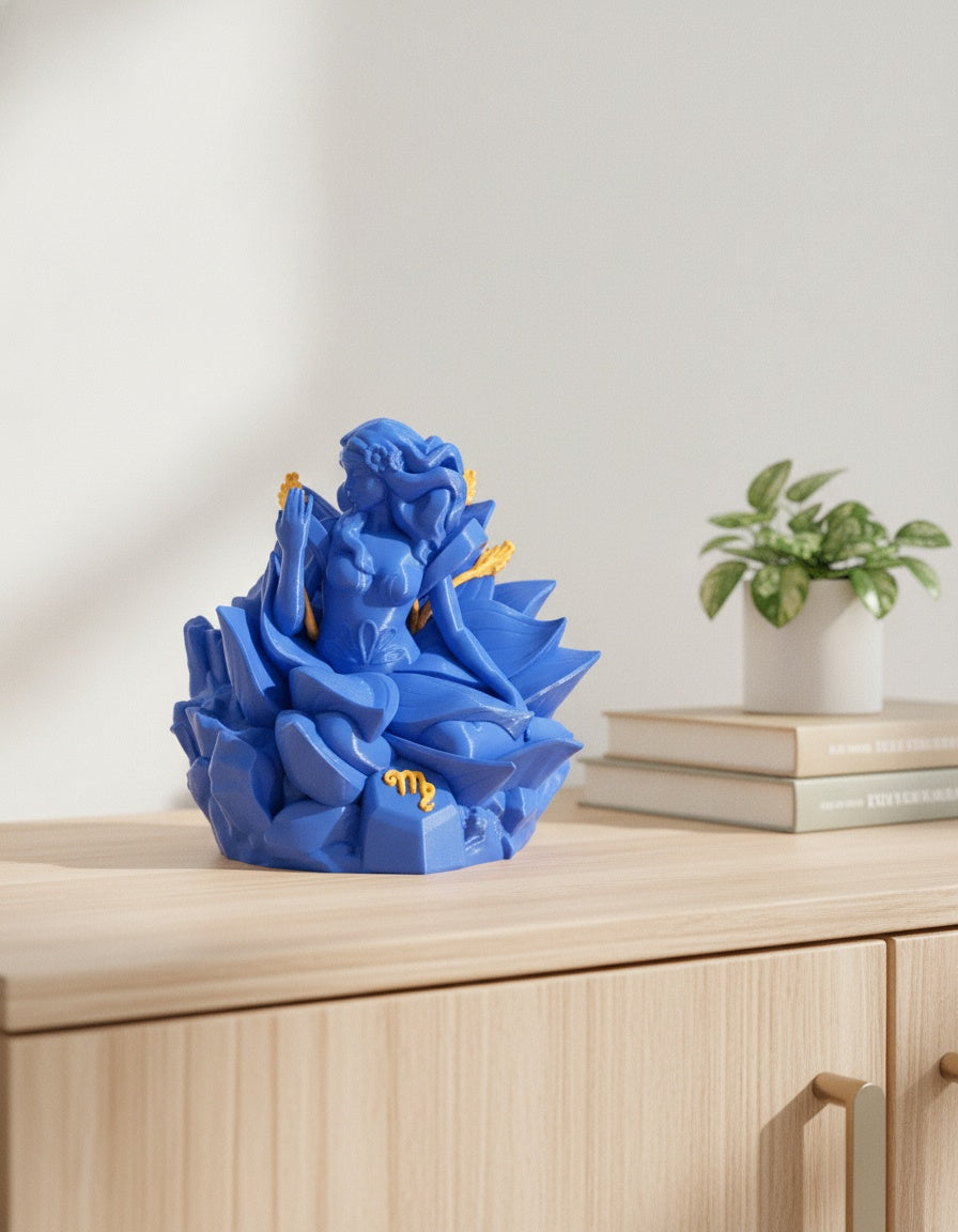 Blaue Jungfrau-Sternzeichen-Skulptur mit goldenen Ähren, frontale Ansicht auf hellem Holzsideboard vor weißer Wand, mit Bücherstapel und Grünpflanze im unscharfen Hintergrund – Münch3D 3D-Druck