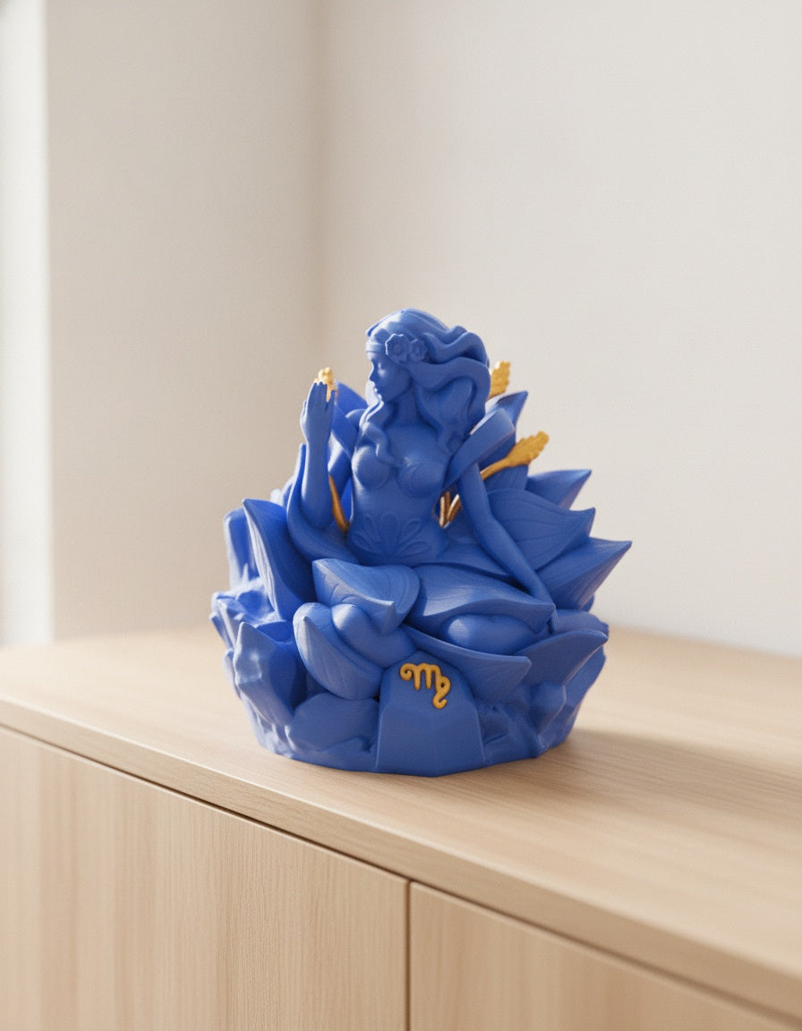 Blaue Jungfrau-Skulptur, Nahaufnahme frontal mit goldenen Ähren, auf hellem Holzsideboard mit unscharfem Hintergrund