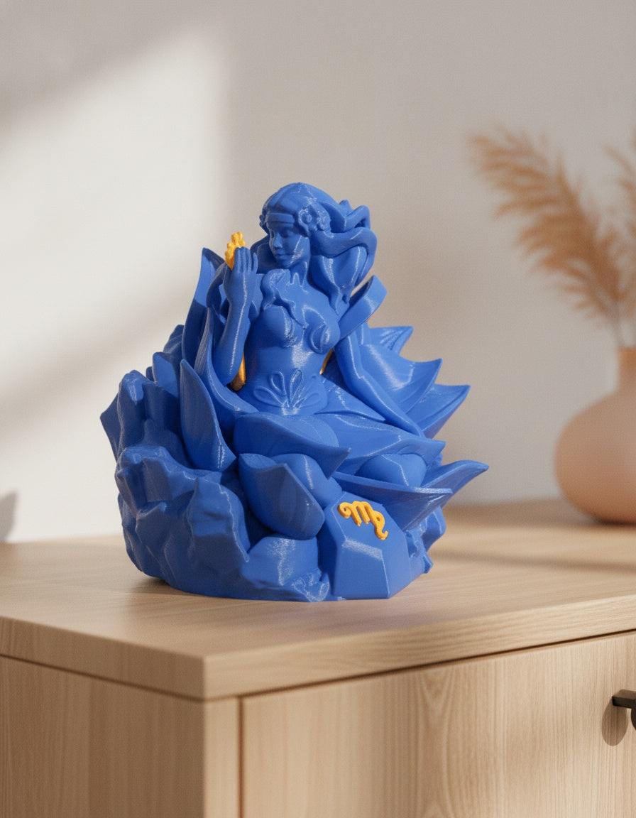 Blaue Jungfrau-Skulptur, leicht seitliche Vorderansicht mit erhobener Hand, auf hellem Holzsideboard mit unscharfem Hintergrund