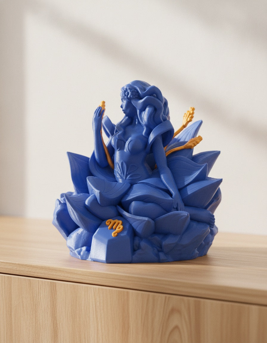Blaue Jungfrau-Skulptur, Dreiviertelansicht mit ausgebreiteten Armen und goldenen Ähren, auf hellem Holzsideboard mit unscharfem Hintergrund
