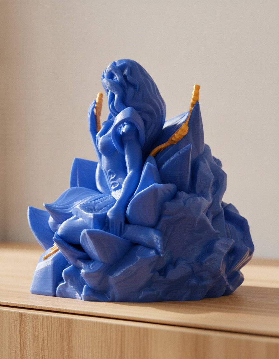 Blaue Jungfrau-Skulptur, seitliche Rückansicht mit langem fließendem Haar, auf hellem Holzsideboard mit unscharfem Hintergrund