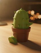 Kaktus Headset Ständer Kawaii, Detailansicht Anschluss und Taste am Topf, auf hellem Holzschreibtisch mit warmem Bokeh-Hintergrund – Münch3D