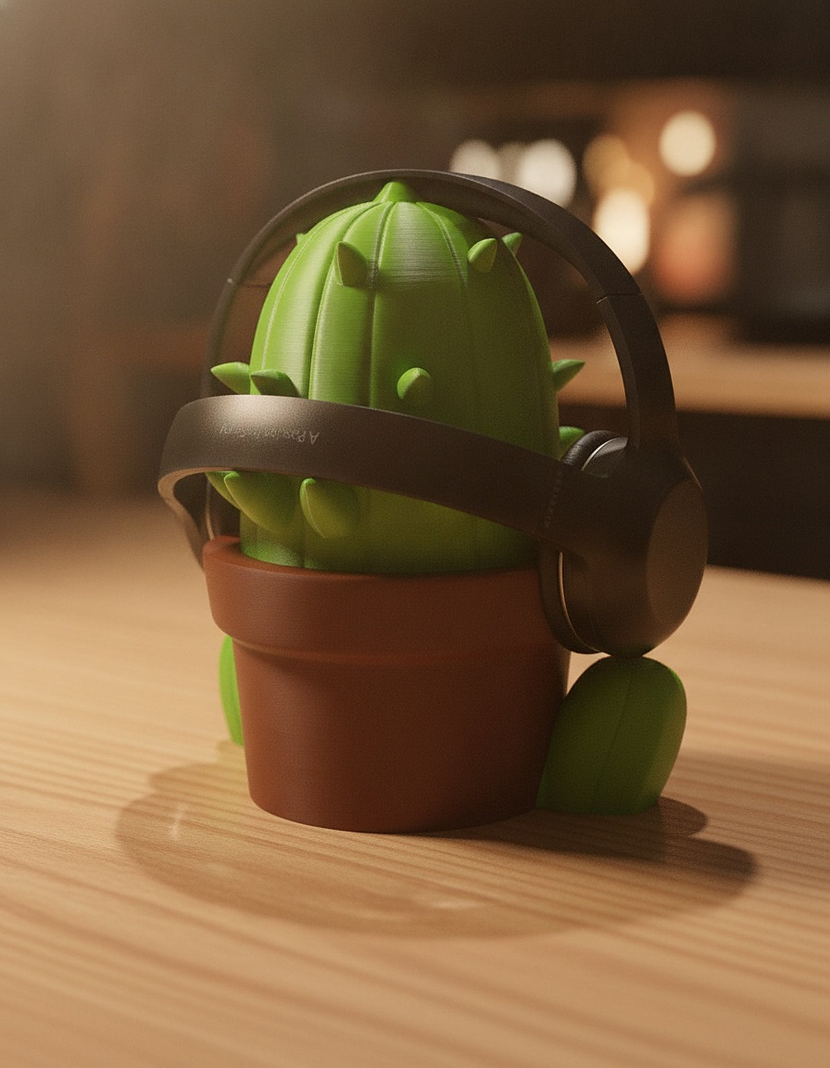 Kaktus Headset Ständer Kawaii, Detailansicht Kopfhörer-Bügel auf den Stacheln, auf hellem Holzschreibtisch mit warmem Bokeh-Hintergrund – Münch3D