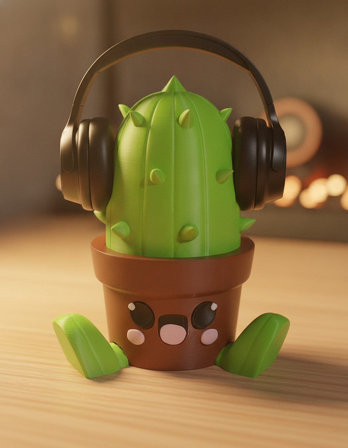 Kaktus Headset Ständer Kawaii, Detailansicht niedliches Gesicht mit Kopfhörern, auf hellem Holzschreibtisch mit warmem Bokeh-Hintergrund – Münch3D