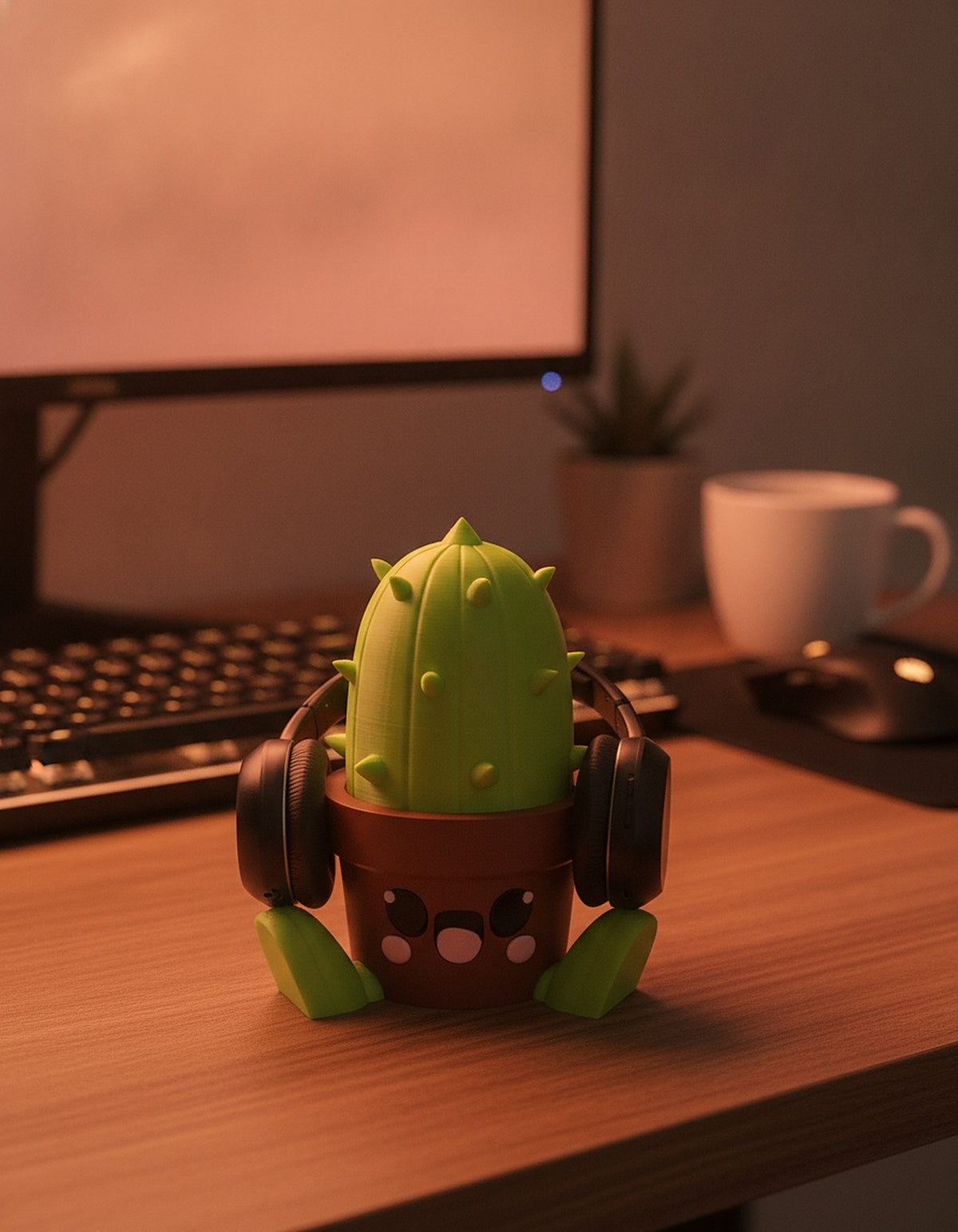 Kaktus Headset Ständer Kawaii mit aufgesetztem Over-Ear-Kopfhörer, auf warmem Holzschreibtisch vor unscharfem Gaming-Setup mit Monitor-RGB-Glow, Pflanze und Kaffeetasse – Münch3D