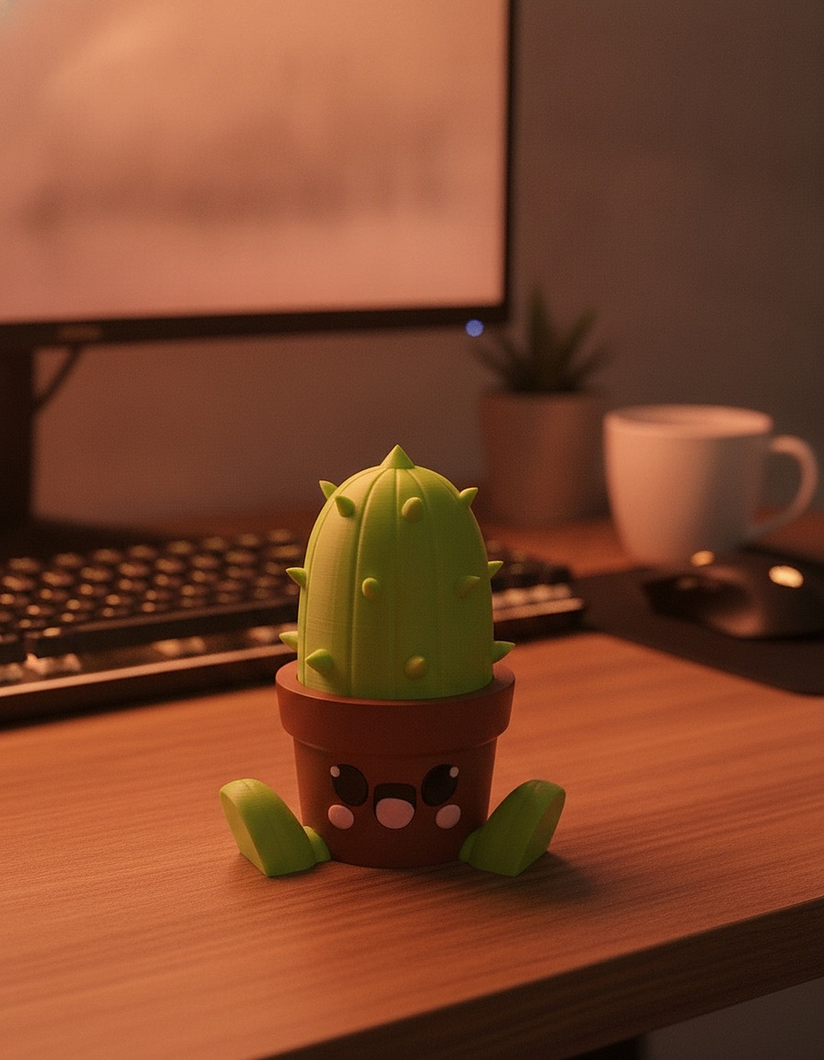 Kaktus Headset Ständer Kawaii ohne Kopfhörer, Frontalansicht mit Kulleraugen-Gesicht auf warmem Holzschreibtisch im Cozy-Gaming-Setup – Münch3D
