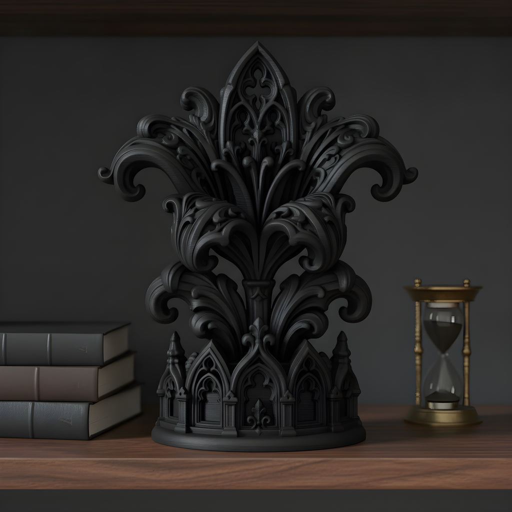Gothic-Kathedralen-Skulptur im Bücherregal neben gebundenen Büchern und einer antiken Sanduhr, Dark-Academia-Stil