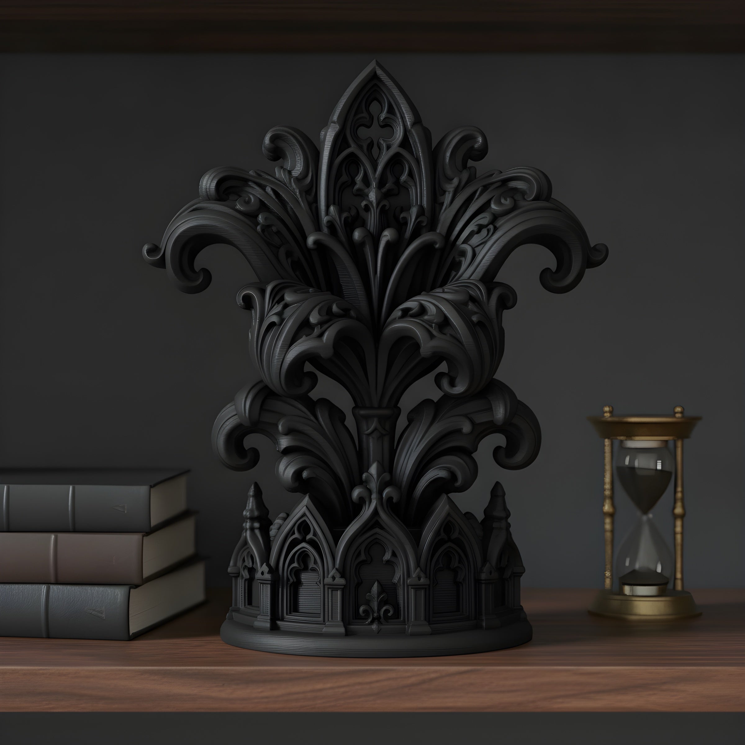 Gothic-Kathedralen-Skulptur im Bücherregal neben gebundenen Büchern und einer antiken Sanduhr, Dark-Academia-Stil