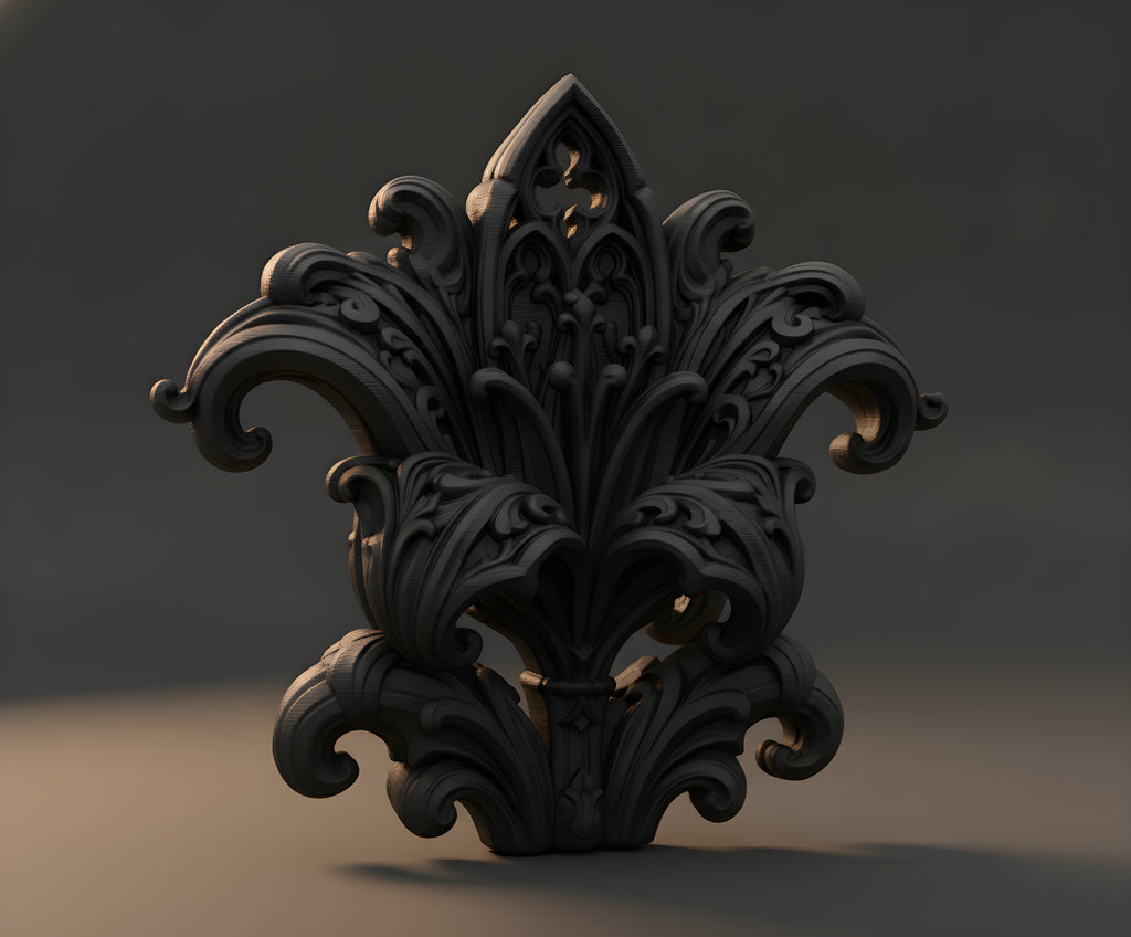 Nahaufnahme der barocken Blattranken-Krone im Fleur-de-Lis-Stil an der Spitze der Gothic-Skulptur