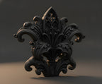Nahaufnahme der barocken Blattranken-Krone im Fleur-de-Lis-Stil an der Spitze der Gothic-Skulptur