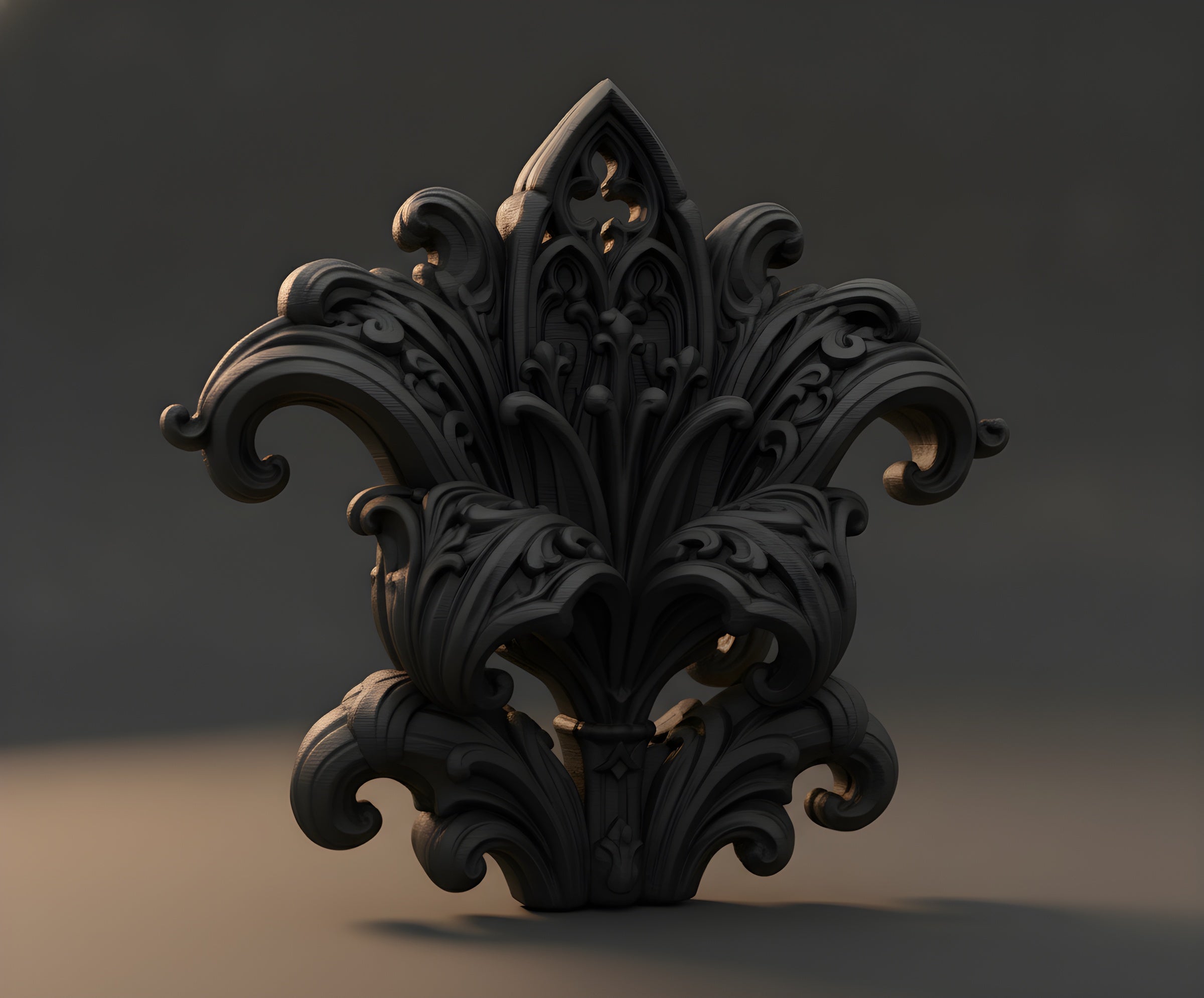 Nahaufnahme der barocken Blattranken-Krone im Fleur-de-Lis-Stil an der Spitze der Gothic-Skulptur