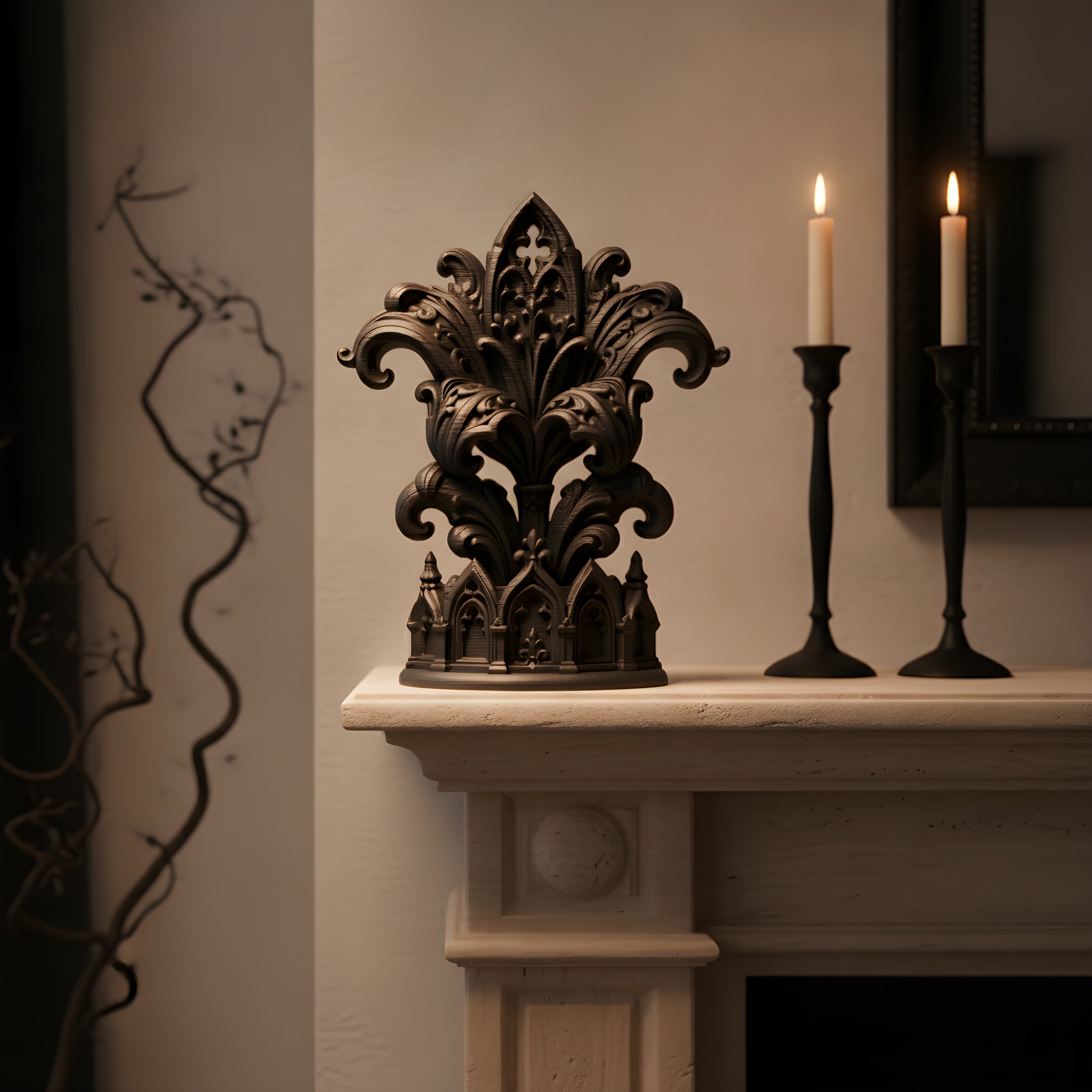 Gothic-Kathedralen-Skulptur mit Fleur-de-Lis-Blattranken in Mattschwarz auf einem hellen Kaminsims, daneben zwei schwarze Kerzenständer mit brennenden Kerzen