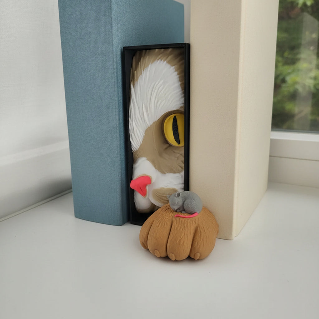 Katzen-Buchstütze mit Maus Book Nook auf weißem Fensterbrett zwischen zwei schlichten Büchern, Tageslicht und Blick ins Grüne im Hintergrund