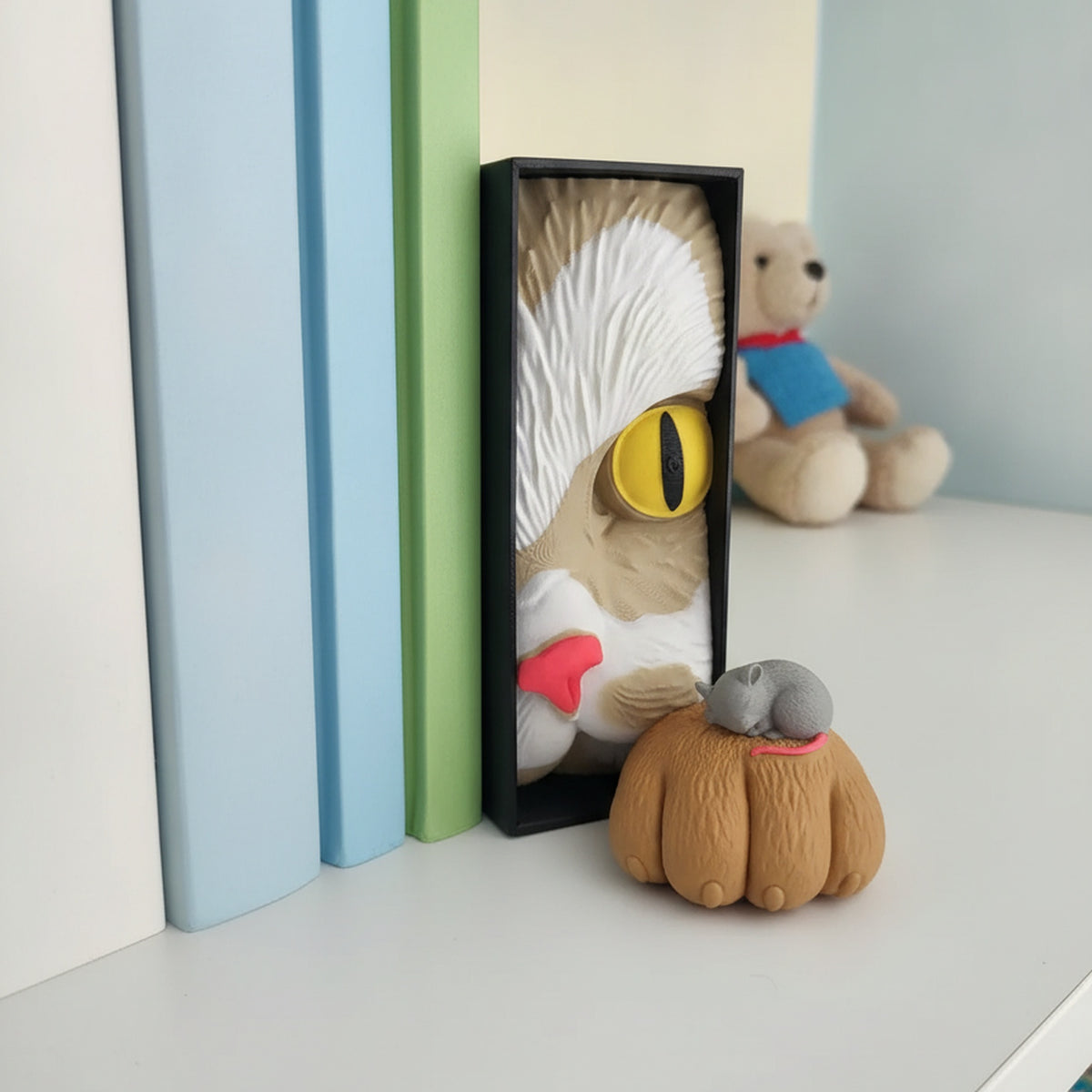 Katzen-Buchstütze mit Maus Book Nook im Kinderzimmerregal zwischen pastellblauen und grünen Büchern, verschwommener Teddybär im Hintergrund