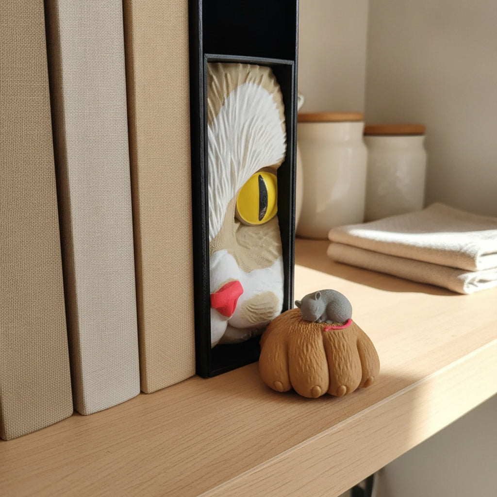 Katzen-Buchstütze mit Maus Book Nook auf offenem Küchenregal zwischen Kochbüchern, verschwommene Keramikdosen und Küchentuch im Hintergrund