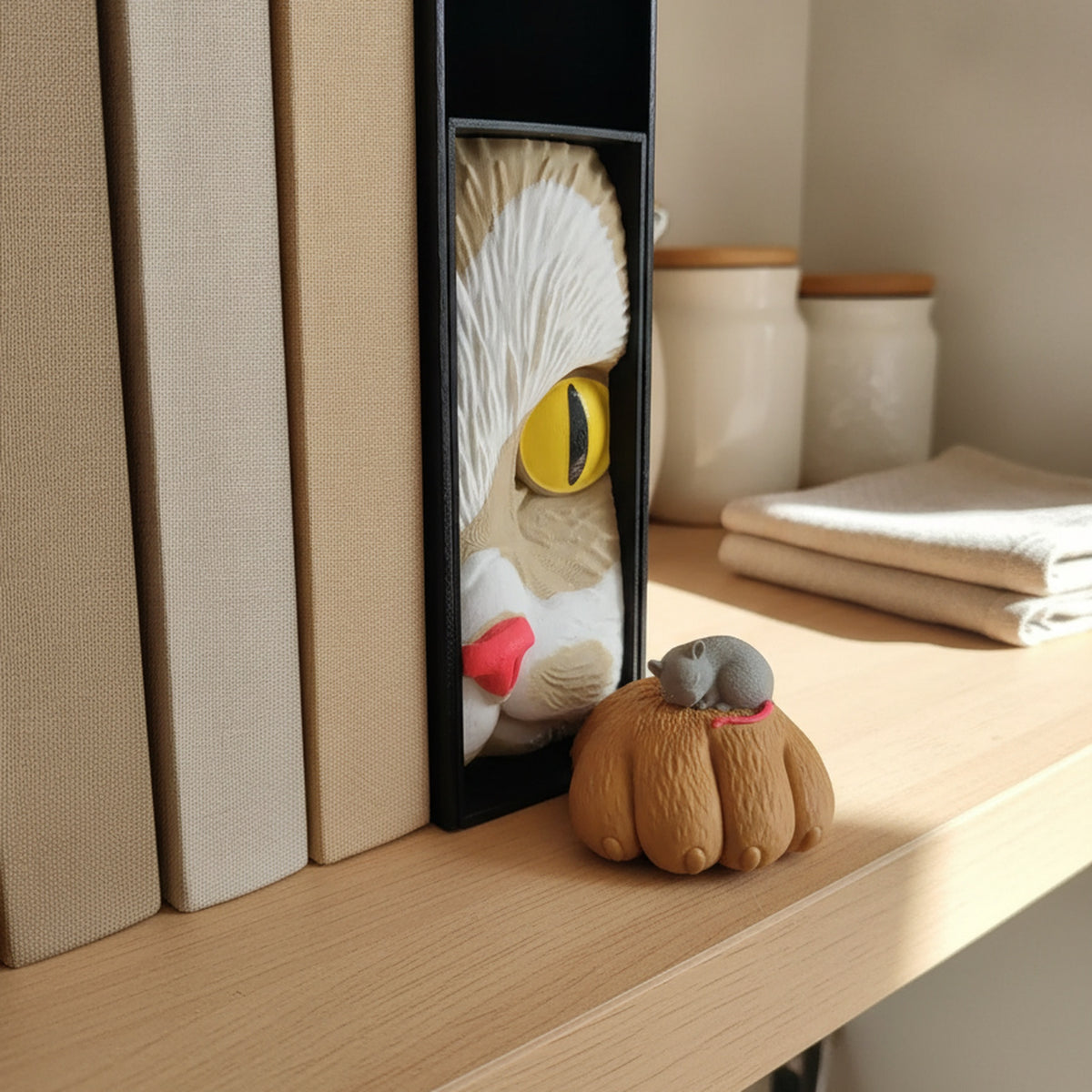 Katzen-Buchstütze mit Maus Book Nook auf offenem Küchenregal zwischen Kochbüchern, verschwommene Keramikdosen und Küchentuch im Hintergrund