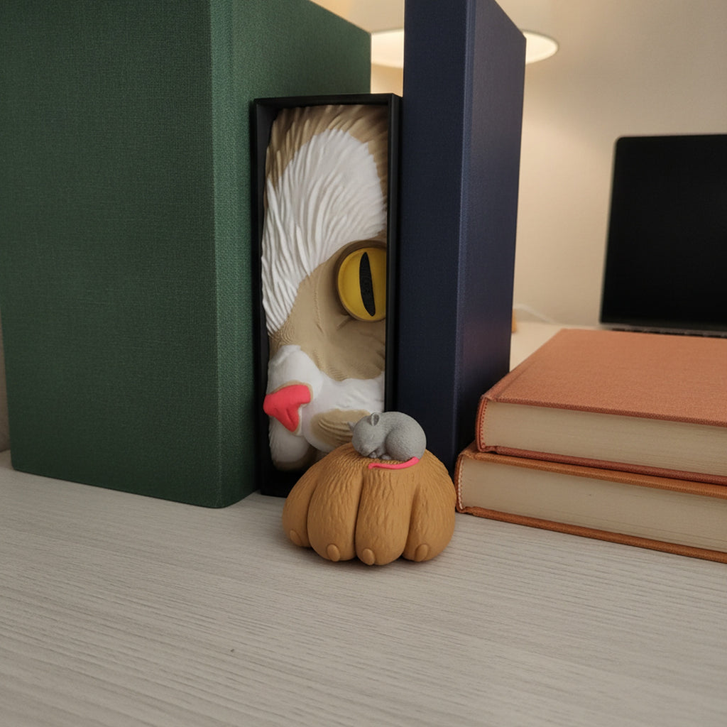 Katzen-Buchstütze mit Maus Book Nook auf hellem Schreibtisch zwischen grünem und dunkelblauem Buch, unscharfe Schreibtischlampe und Laptop im Hintergrund