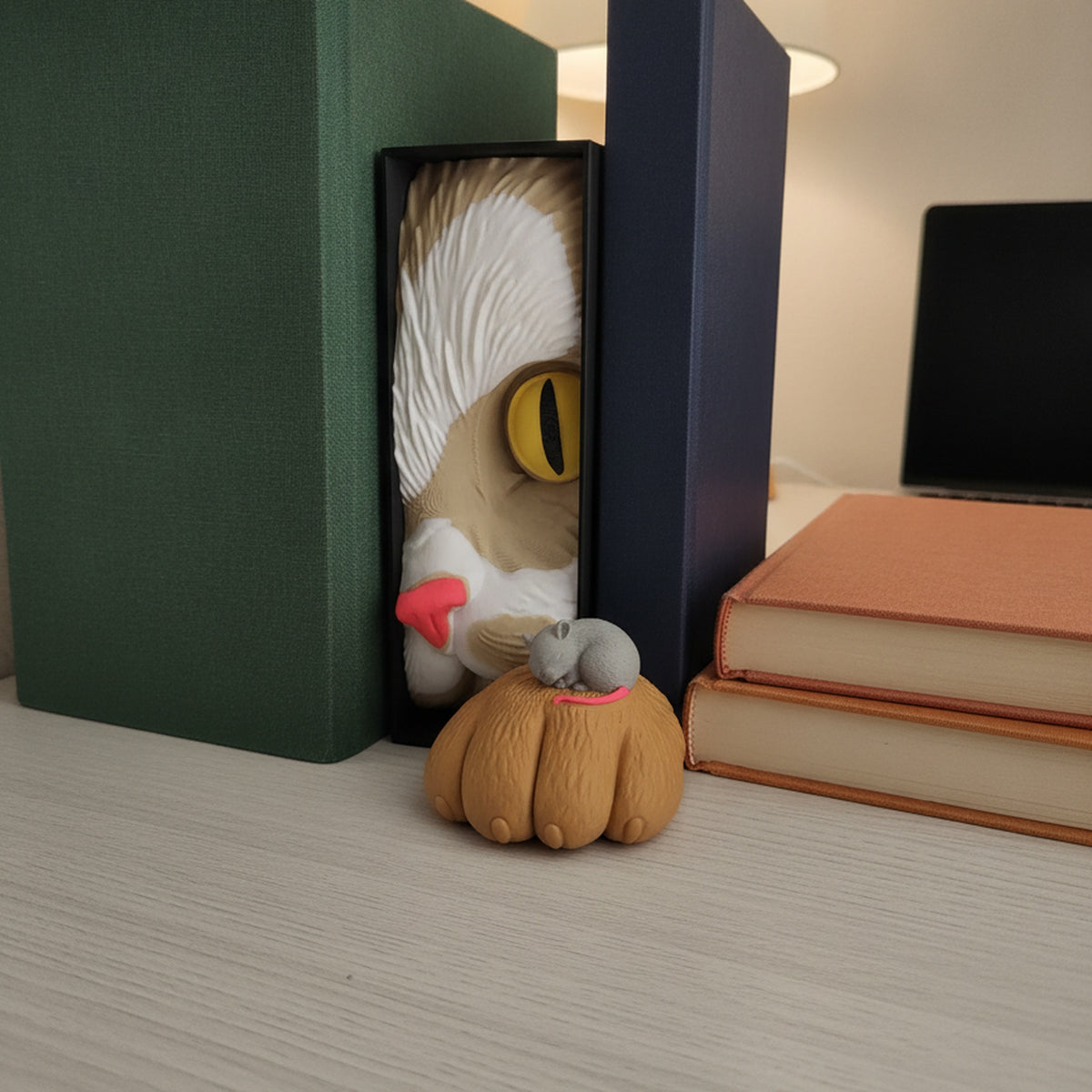 Katzen-Buchstütze mit Maus Book Nook auf hellem Schreibtisch zwischen grünem und dunkelblauem Buch, unscharfe Schreibtischlampe und Laptop im Hintergrund