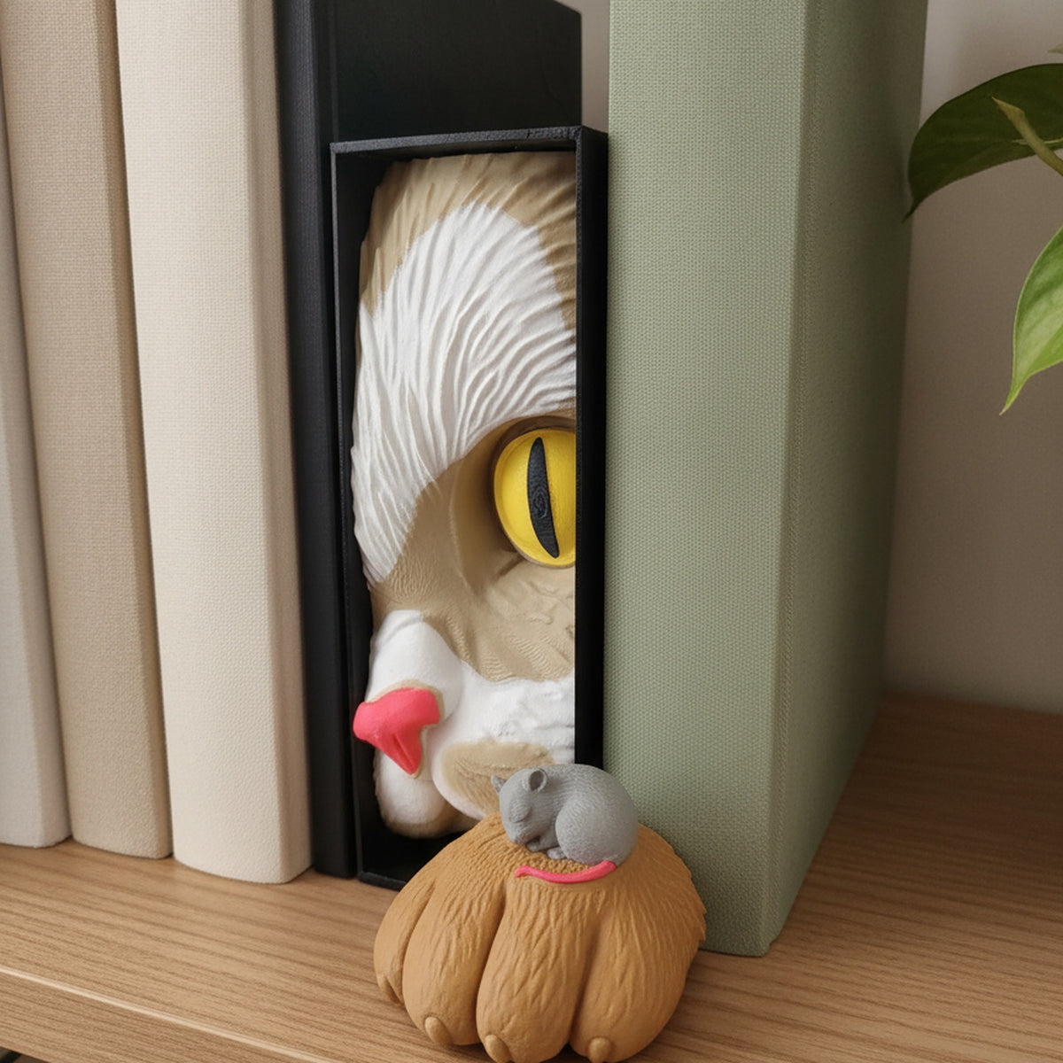 Katzen-Buchstütze mit Maus Book Nook auf hellem Holz-Bücherregal zwischen cremefarbenen und salbeigrünen Büchern, Katze schaut aus schwarzer Box, graue Maus schläft auf der Pfote