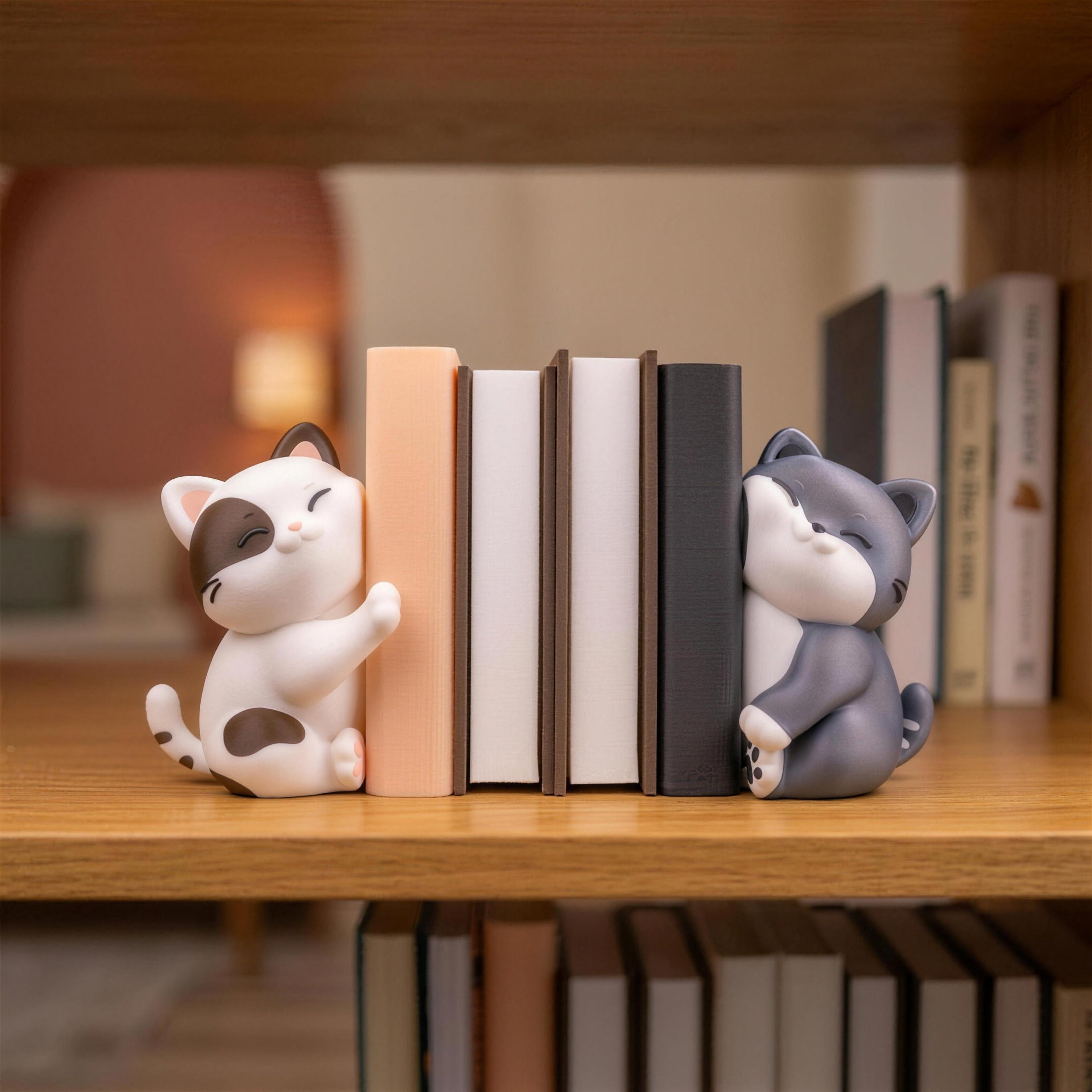 Zwei Katzenfiguren als Buchstützen-Set, links weiß mit braunen Flecken, rechts komplett grau, beide sitzend mit geschlossenen Augen und einer erhobenen Pfote an einem Bücherstapel. Zwischen ihnen vier aufrecht stehende Bücher in Pfirsich, Creme und Schwarz. Frontalansicht auf einem Holzregal, im unscharfen Hintergrund ein warmes Lampenlicht vor rostroter Wand.