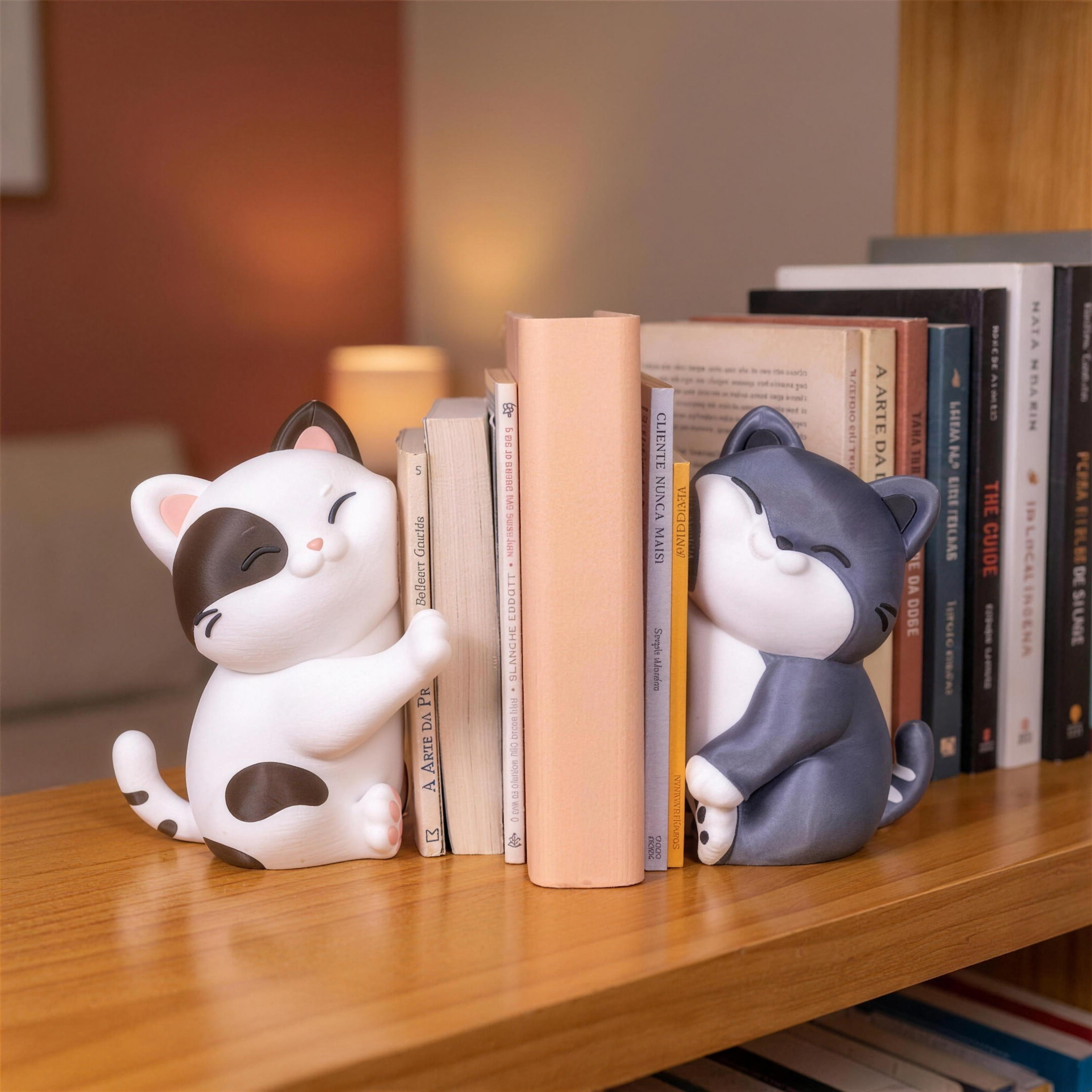 Katzen-Buchstützen-Set mit sichtbaren Buchtiteln: weiß-braune Katze links, graue Katze rechts, beide mit geschlossenen Augen an einen Stapel fremdsprachiger Bücher gelehnt. Im unscharfen Hintergrund eine Kerze und ein graues Sofa vor rostroter Wand.