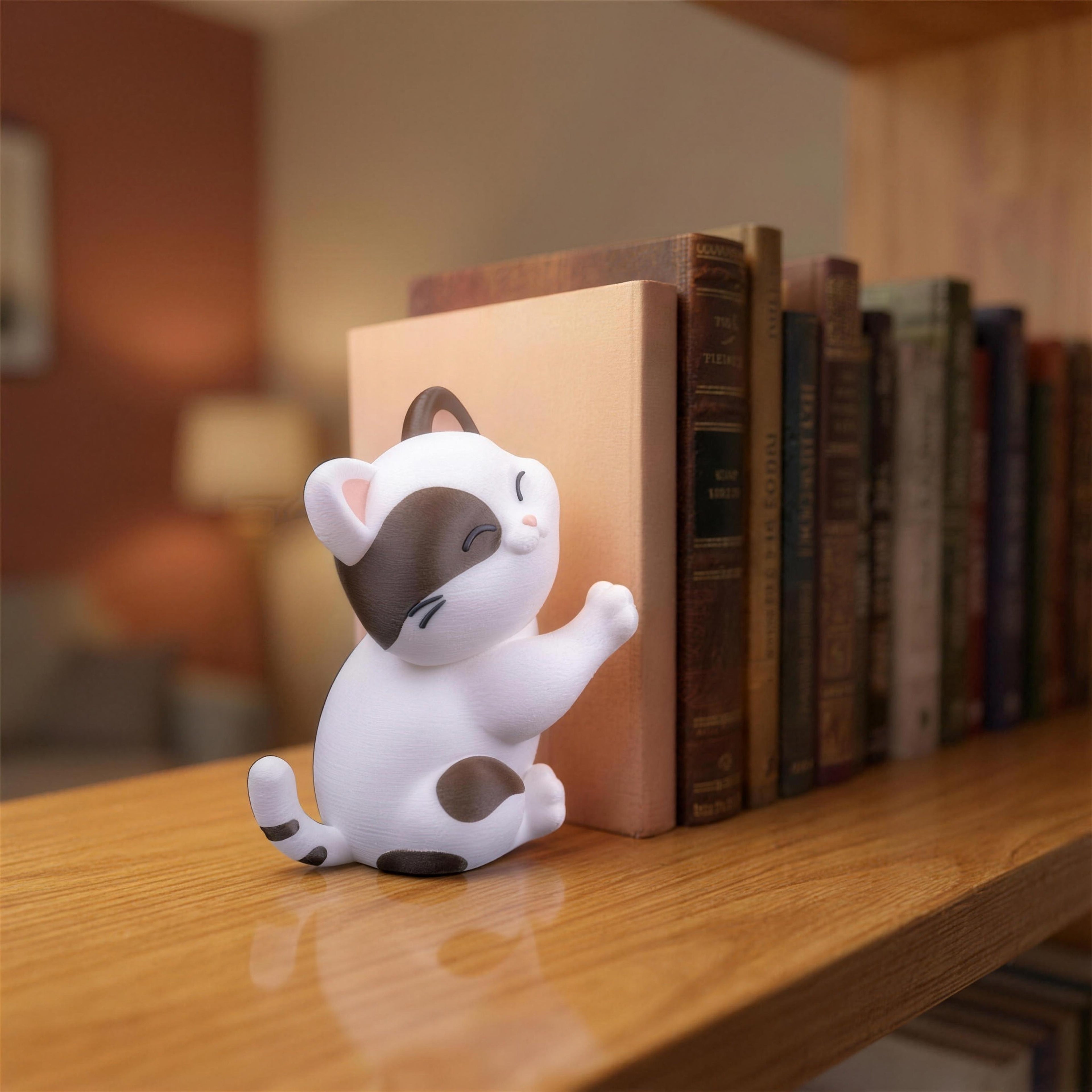 Nahaufnahme der weiß-braunen Katzenfigur der Buchstütze, seitlich sitzend mit geschlossenen Augen und einer Pfote auf einem pfirsichfarbenen Buchrücken. Im unscharfen Hintergrund eine Stehlampe und ein gerahmtes Bild.
