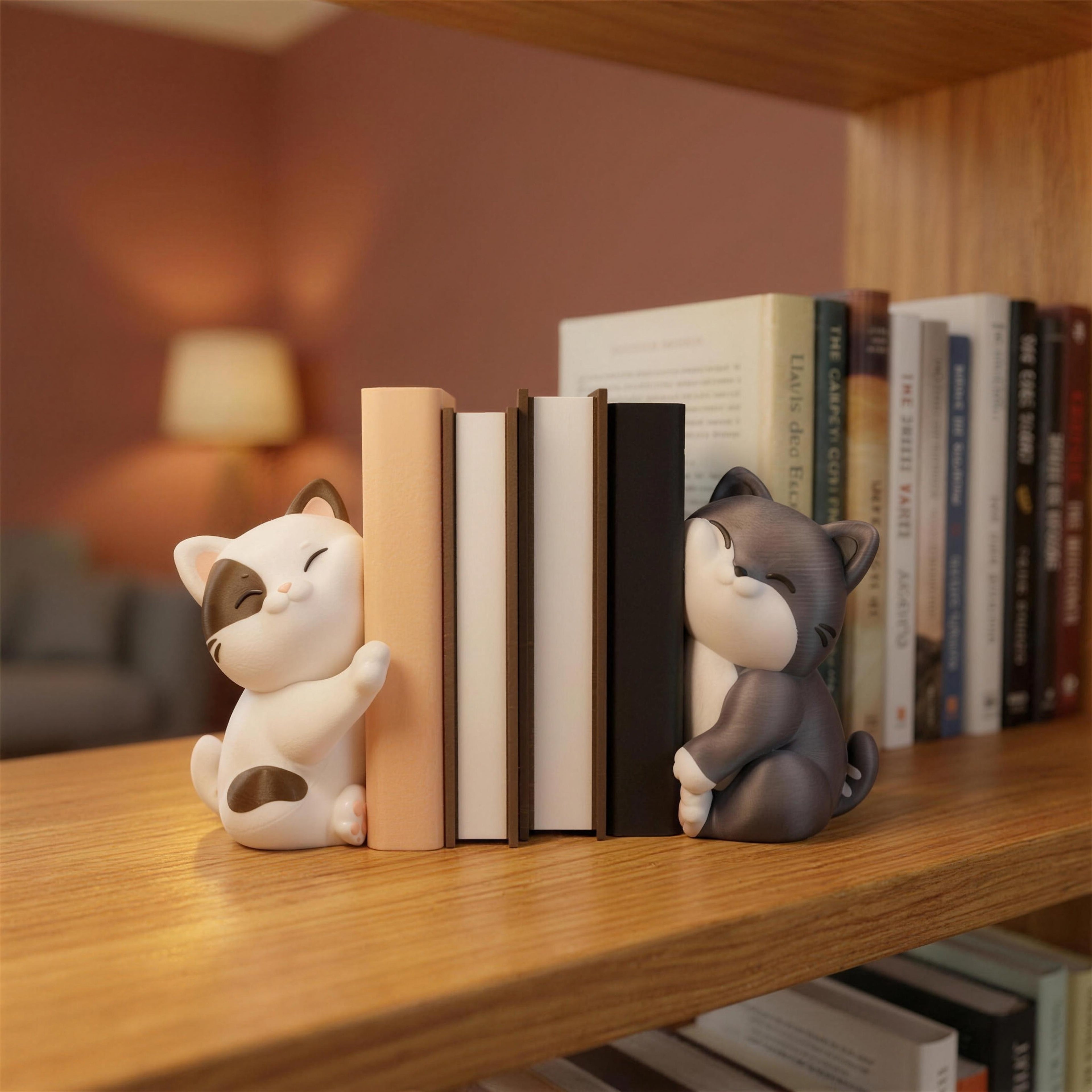 Katzen-Buchstützen-Set in weiterem Bildausschnitt: weiß-braune Katze links, graue Katze rechts, dazwischen mehrere Bücher in Pfirsich- und Cremetönen. Blick auf ein Holzregal vor unscharfer rosafarbener Wand mit warmem Lichtschein.