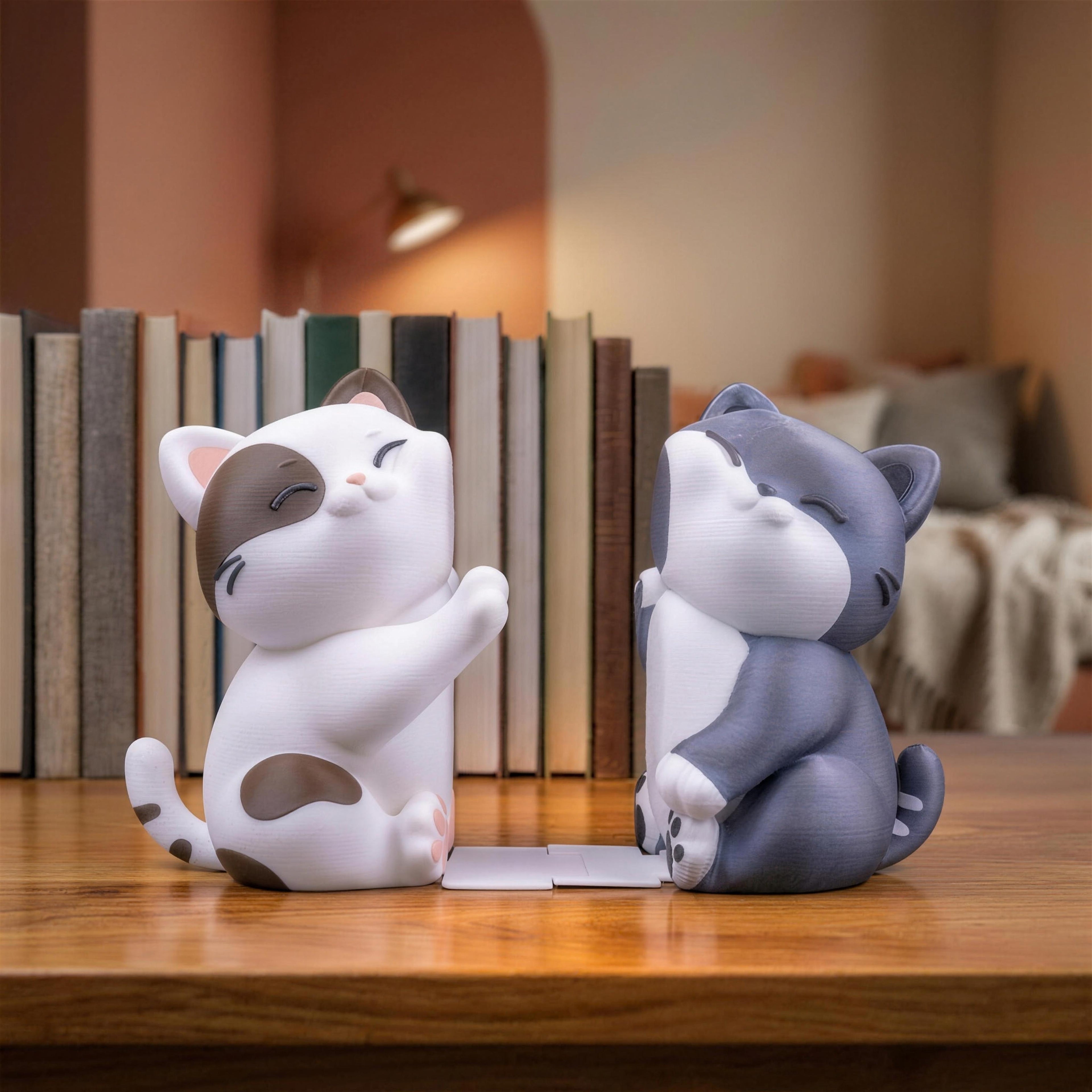Katzen-Buchstützen-Set ohne Bücher dazwischen, nur der weiße Verbindungssteg zwischen beiden Figuren sichtbar. Im Hintergrund eine Reihe aufrecht stehender Bücher, unscharf beleuchtet von einer Lampe.