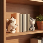 Katzen-Buchstützen-Set mit fünf Büchern zwischen den Katzenfiguren, auf sonnigem Bücherregal mit Zimmerpflanze im Hintergrund