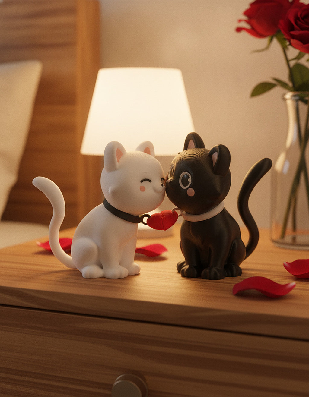 Katzen mit Herz Pärchen-Figur auf warmem Nachttisch mit Rosenblättern und Kerzenlichtstimmung – weiße und schwarze Katze halten gemeinsam ein rotes Herz, Münch3D 3D-Druck